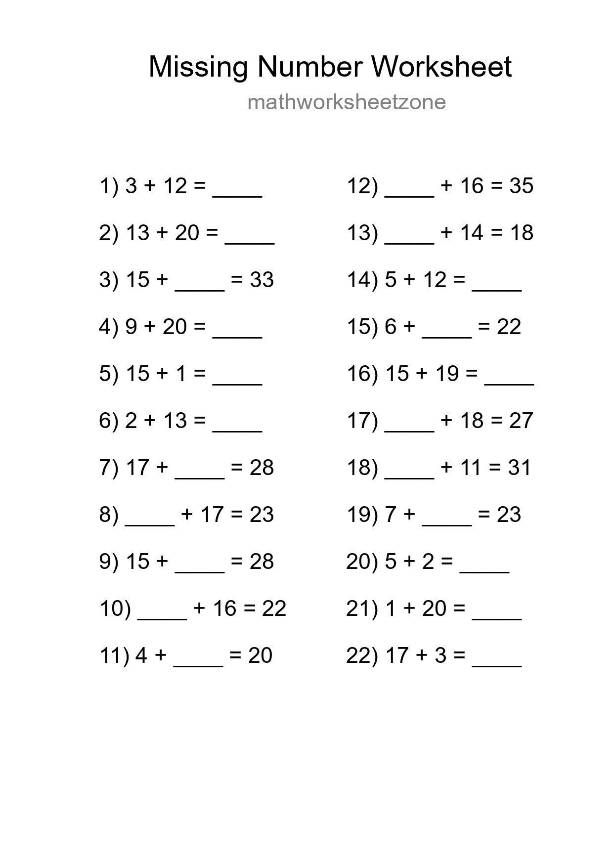 Missing Number Math Worksheet