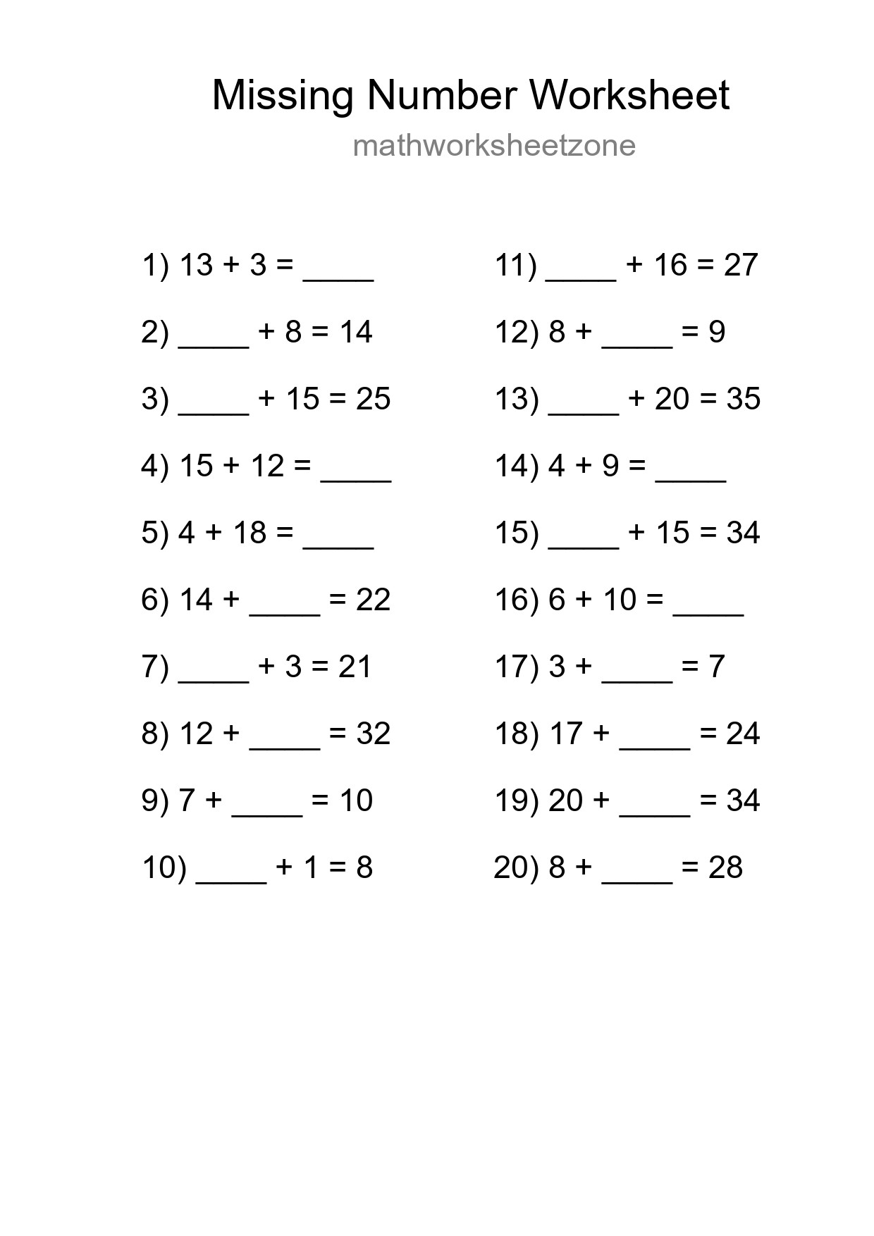 Missing Number Math Worksheet
