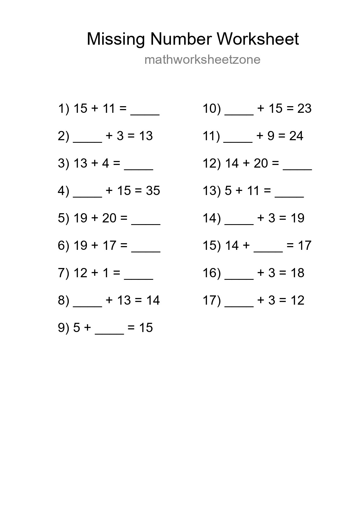 Missing Number Math Worksheet
