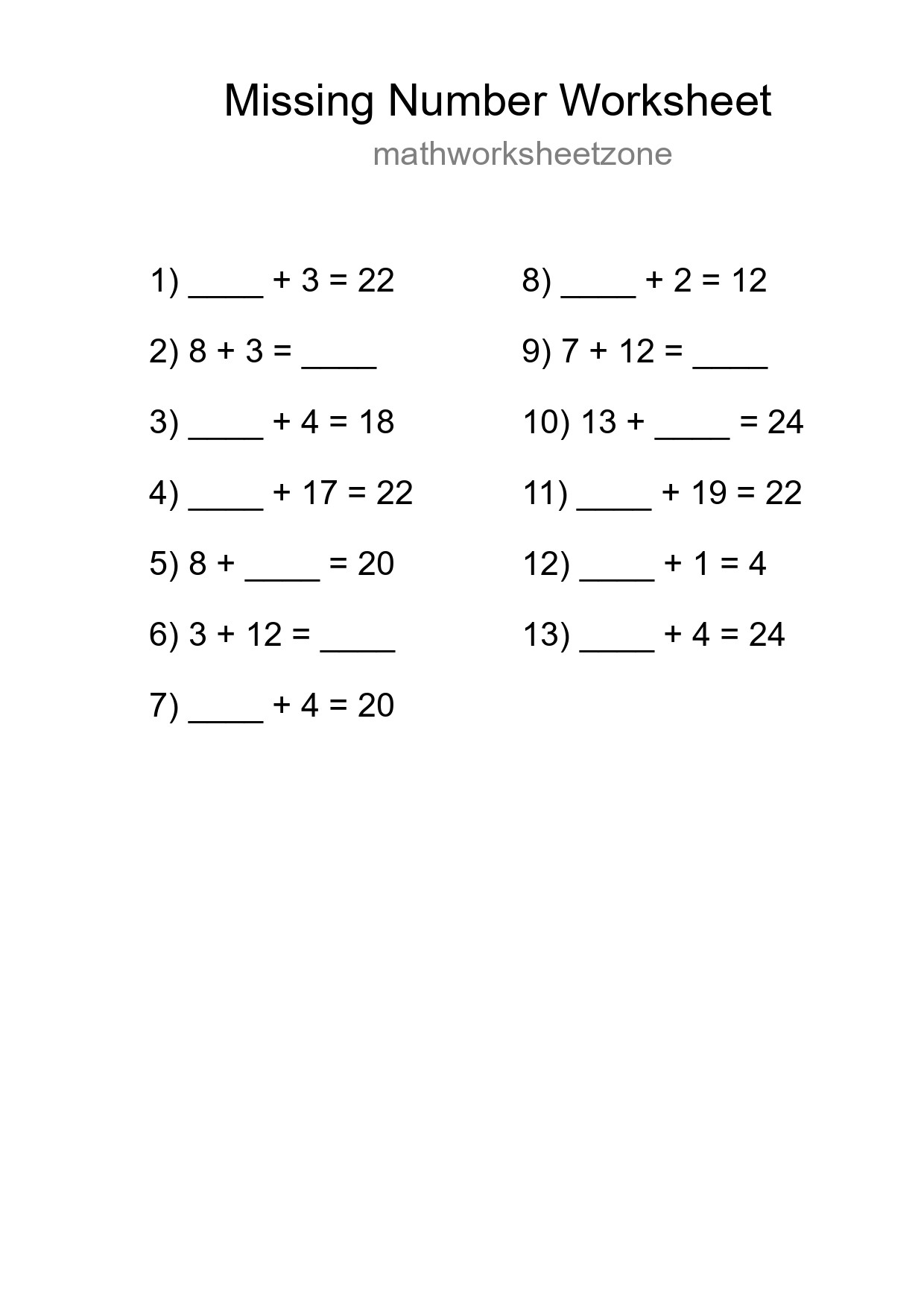 Missing Number Math Worksheet