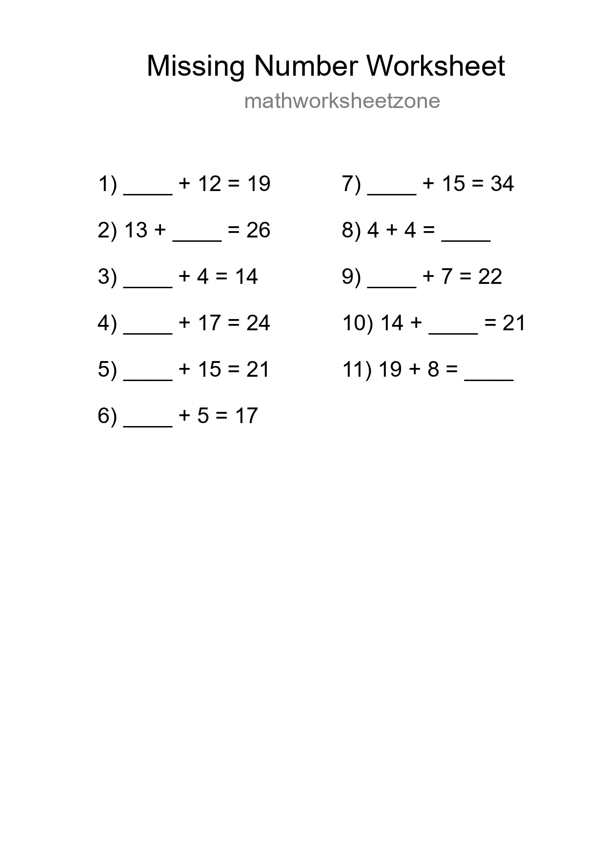 Missing Number Math Worksheet