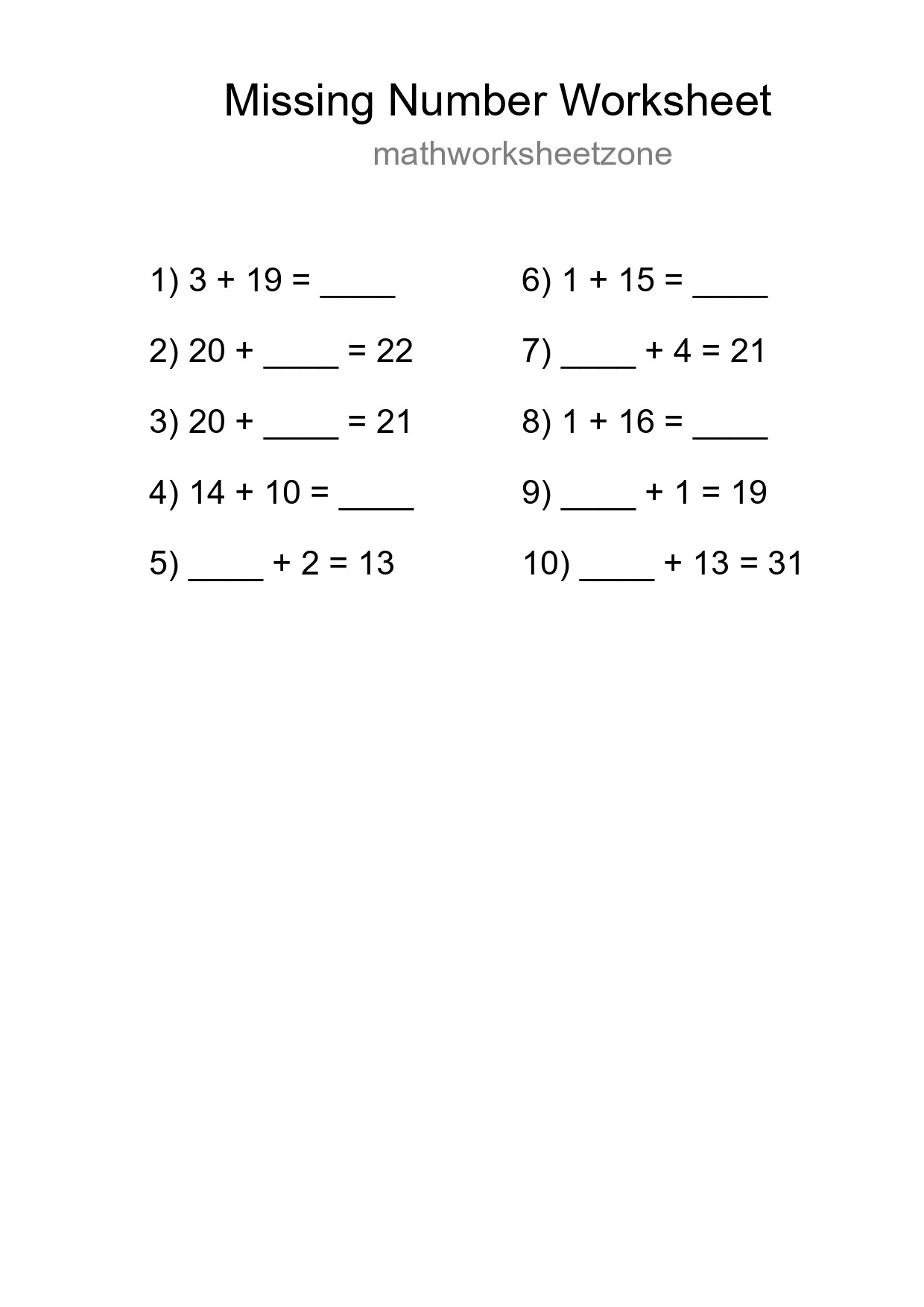 Missing Number Math Worksheet