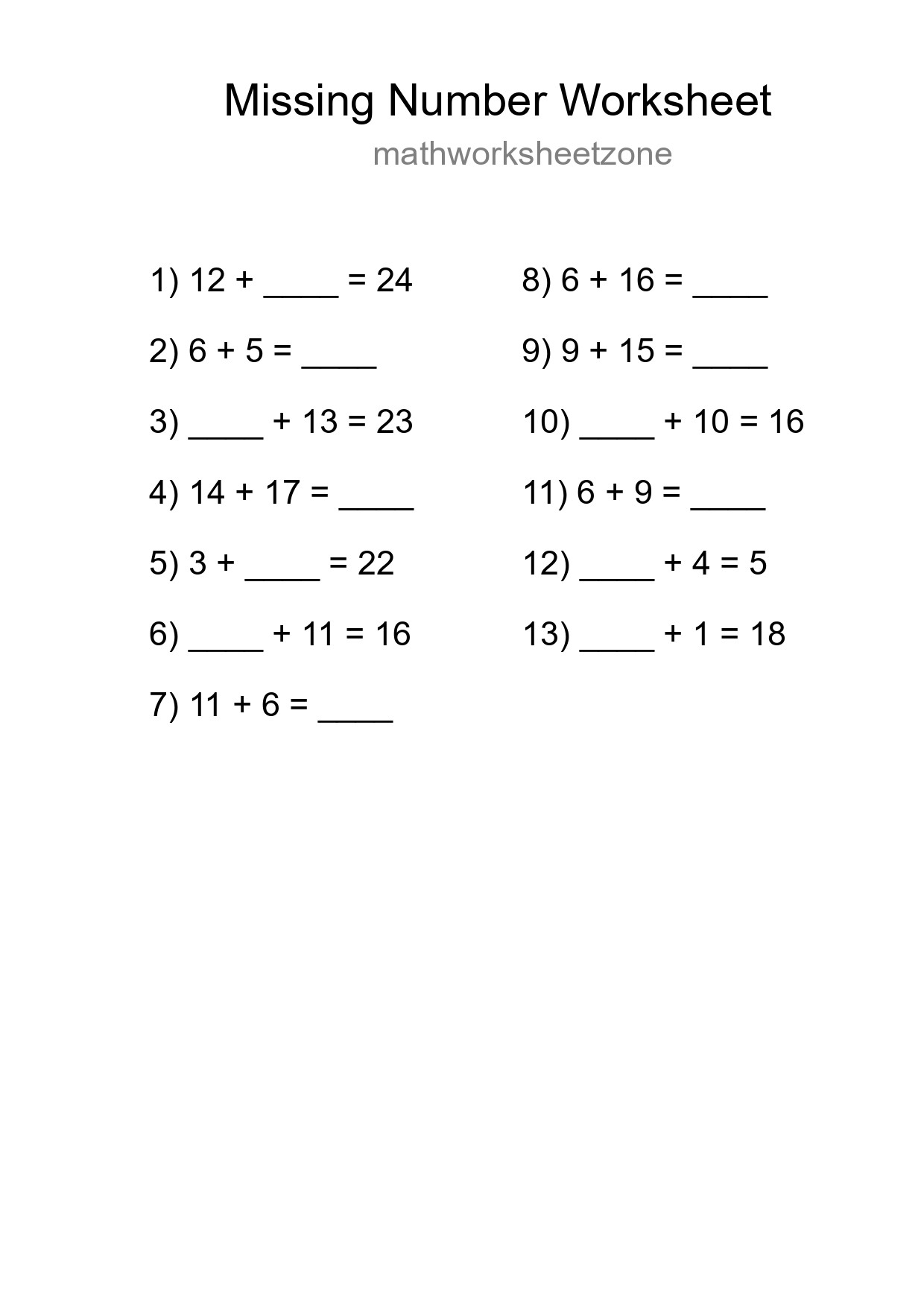 Missing Number Math Worksheet