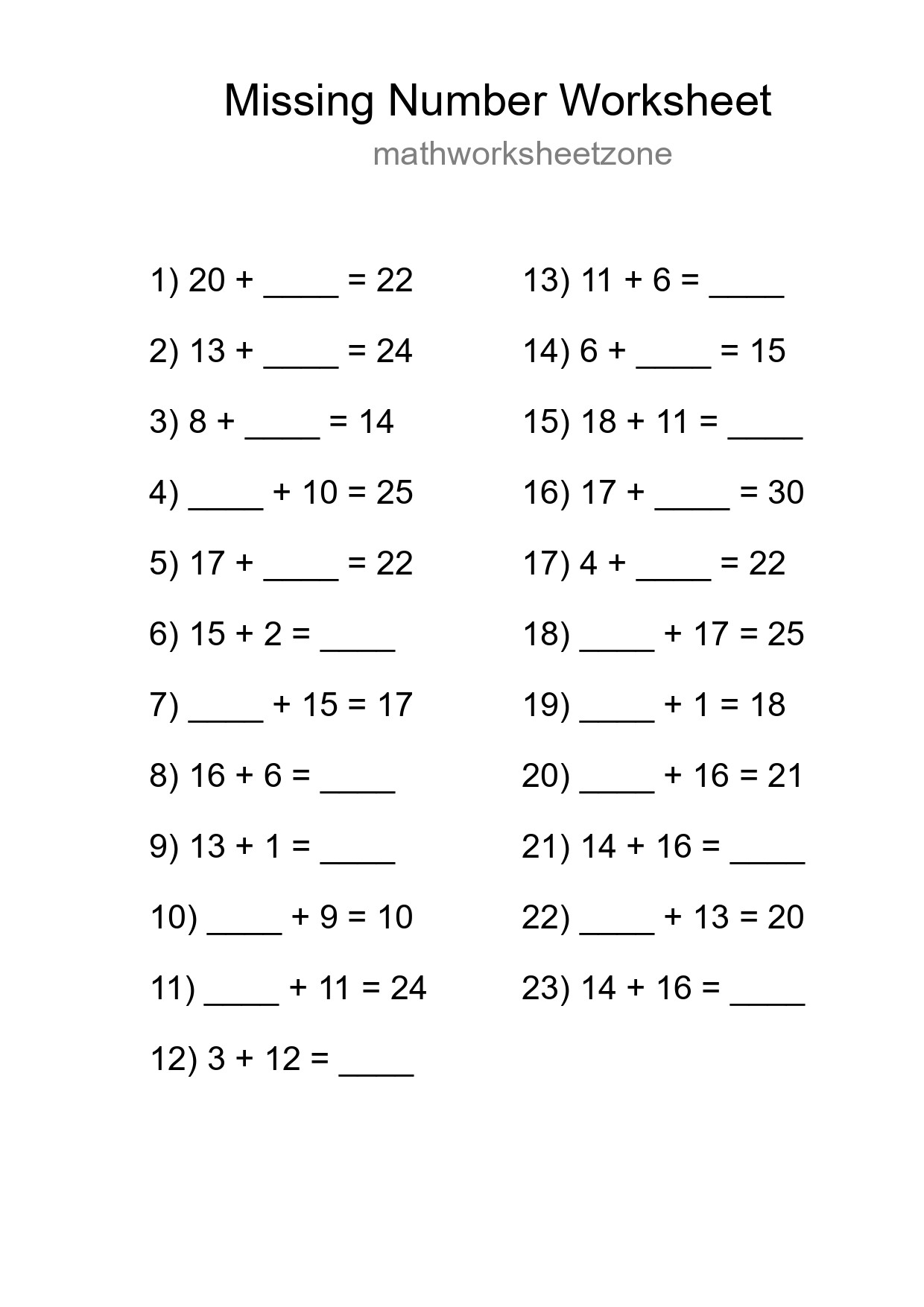 Missing Number Math Worksheet