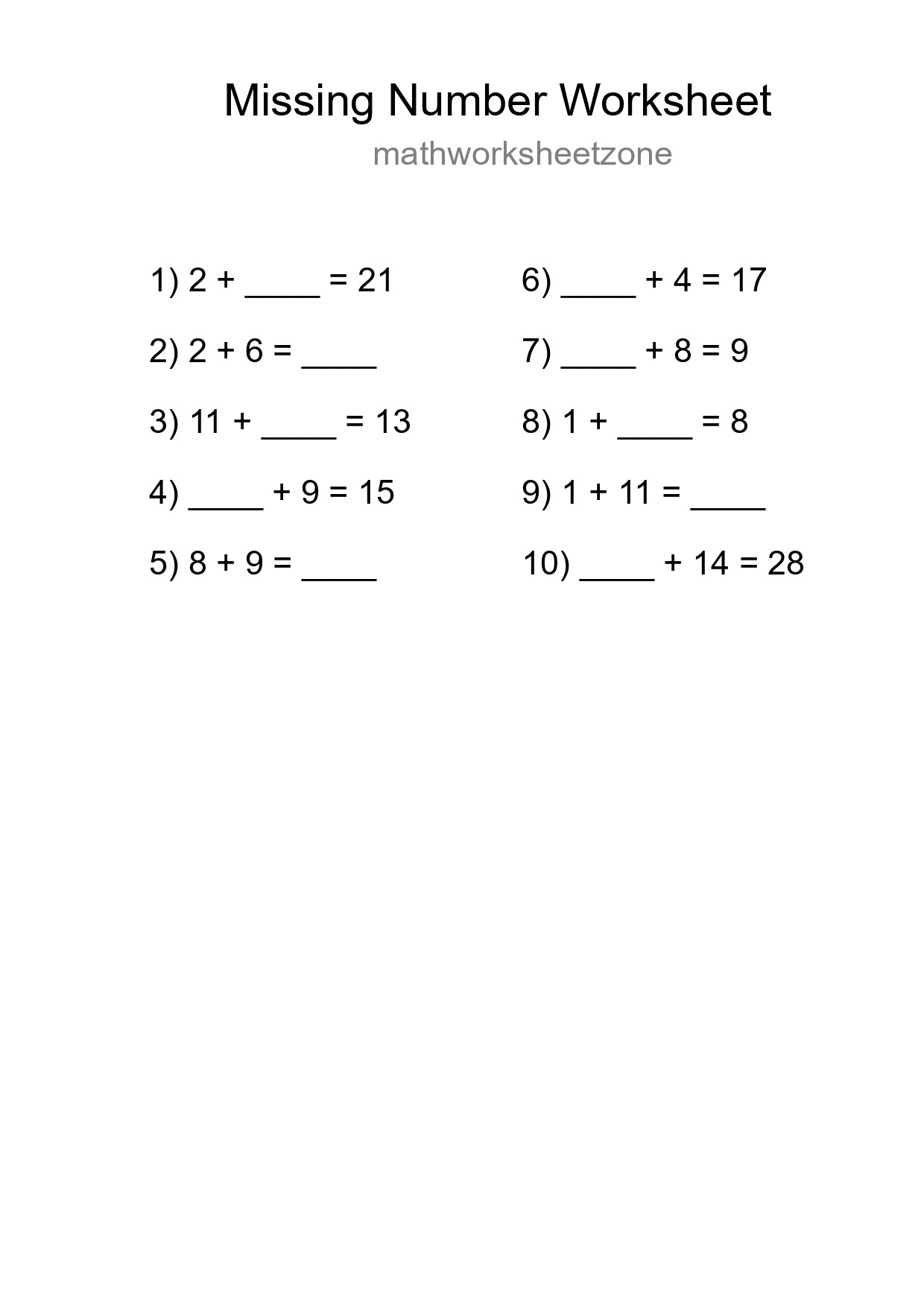Missing Number Math Worksheet