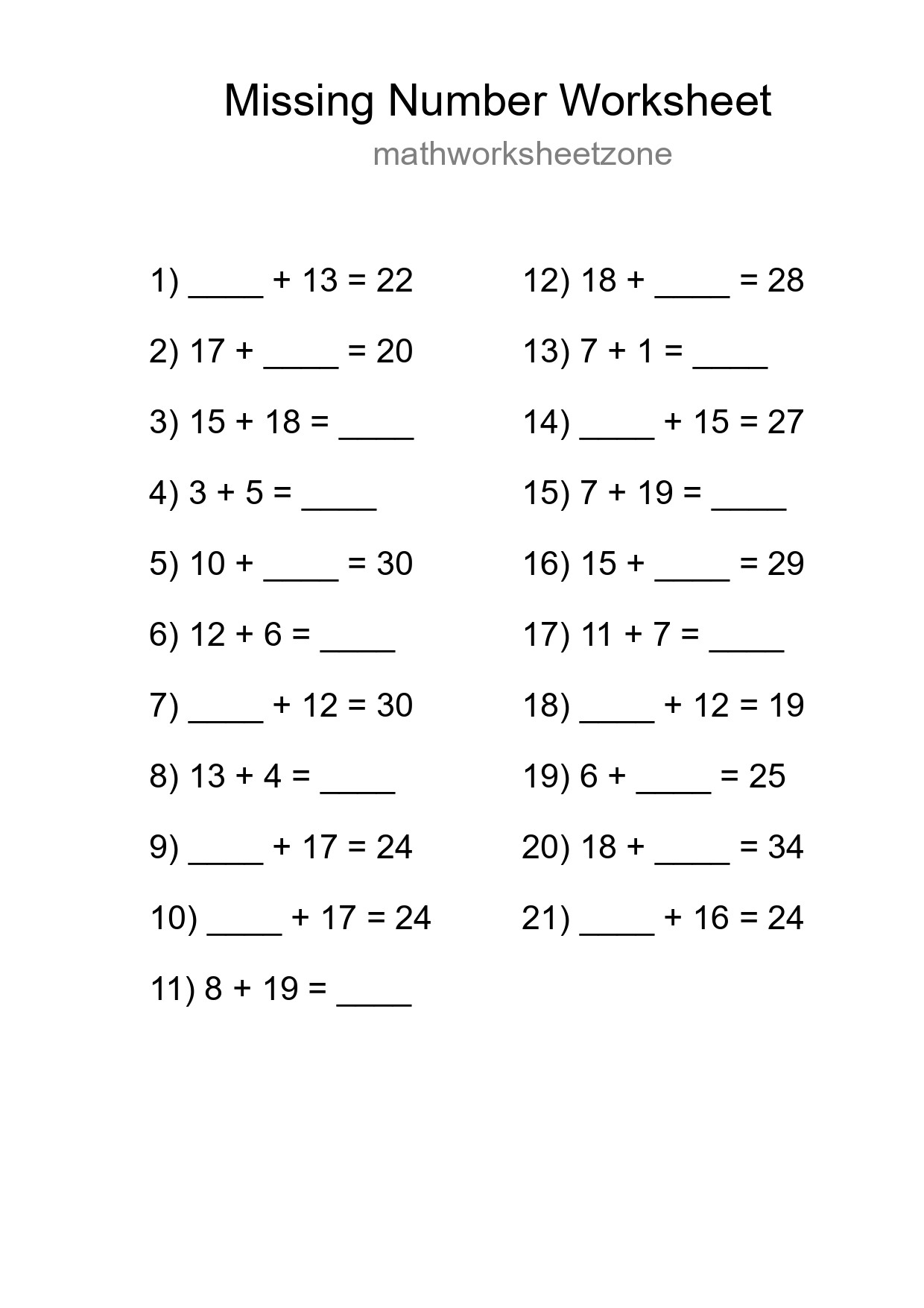 Missing Number Math Worksheet