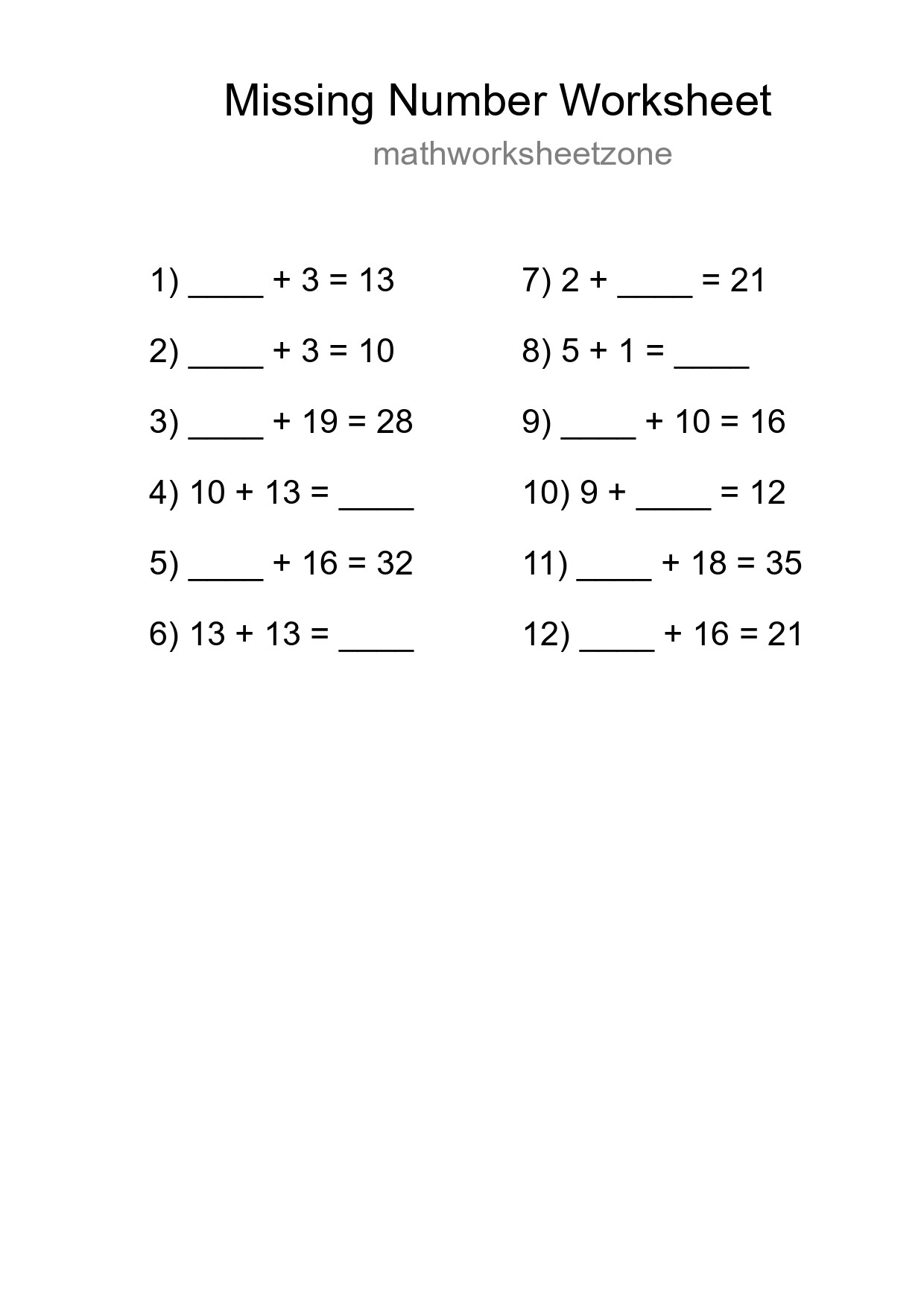 Missing Number Math Worksheet
