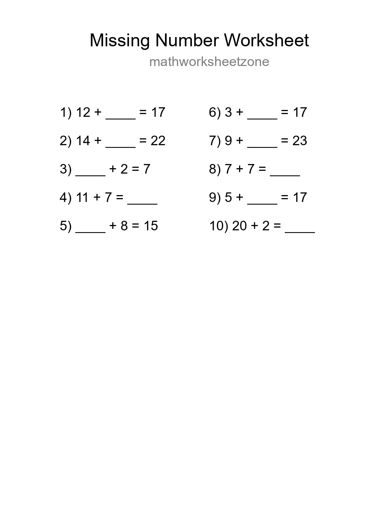 Missing Number Math Worksheet
