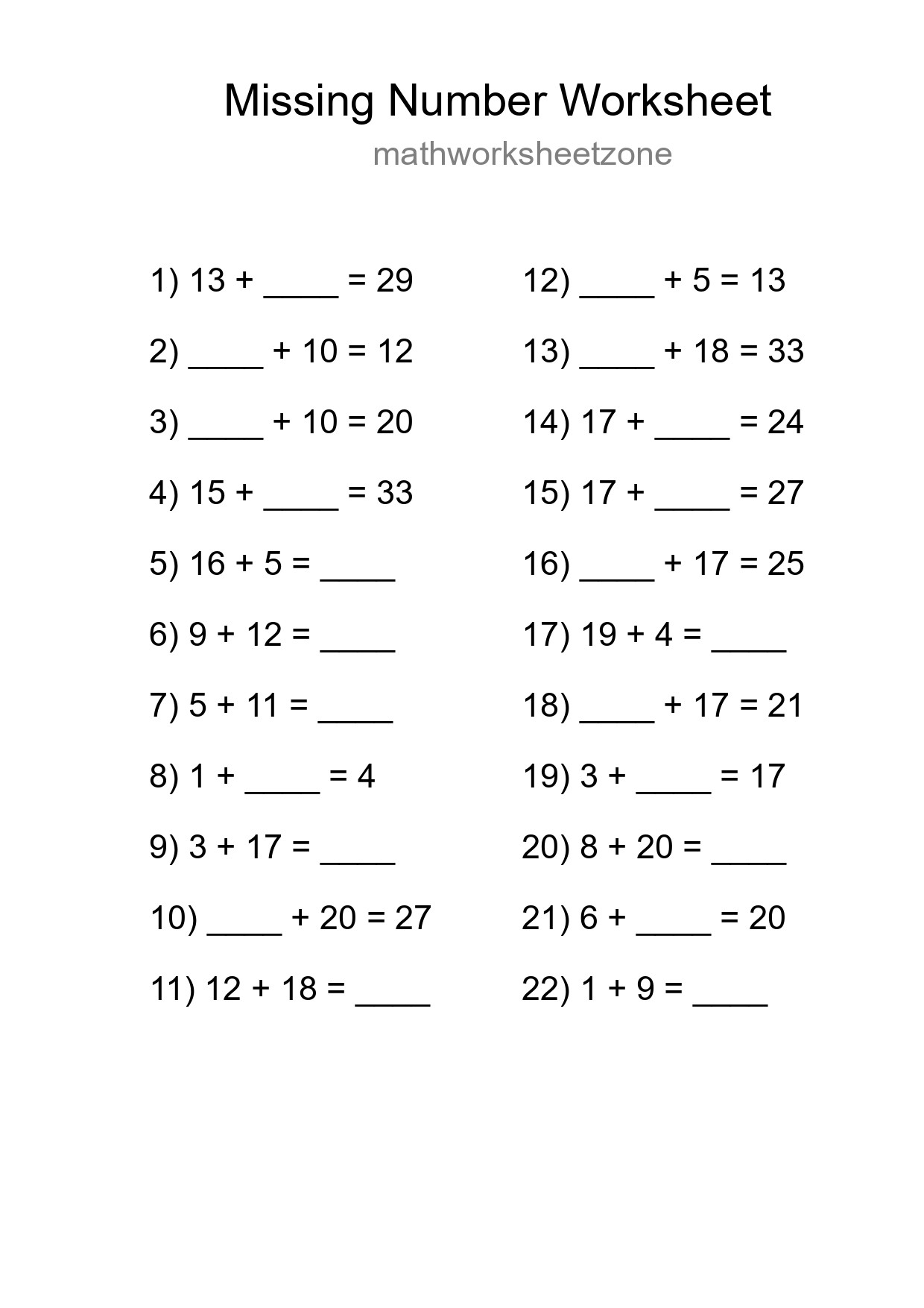 Missing Number Math Worksheet