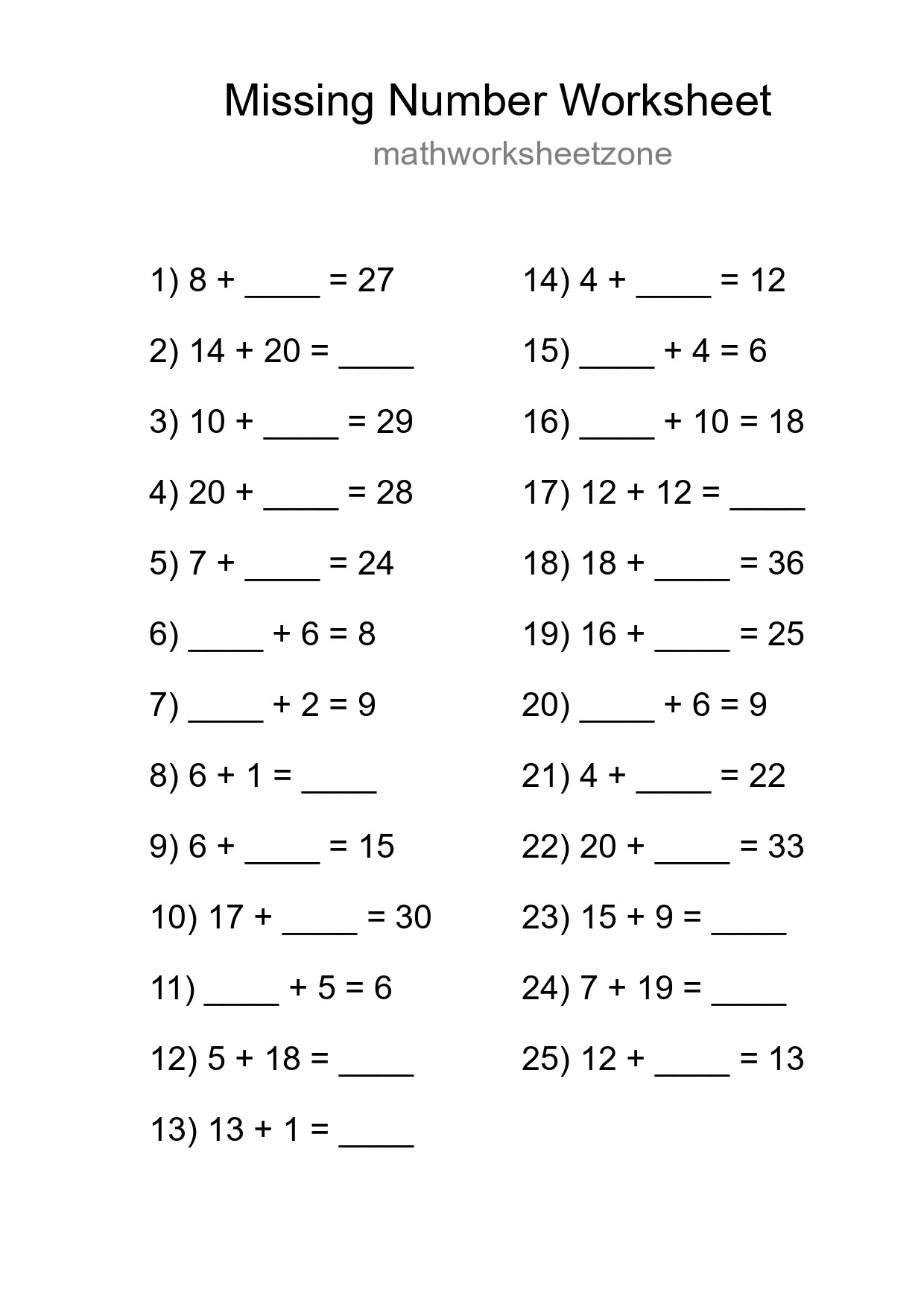 Missing Number Math Worksheet