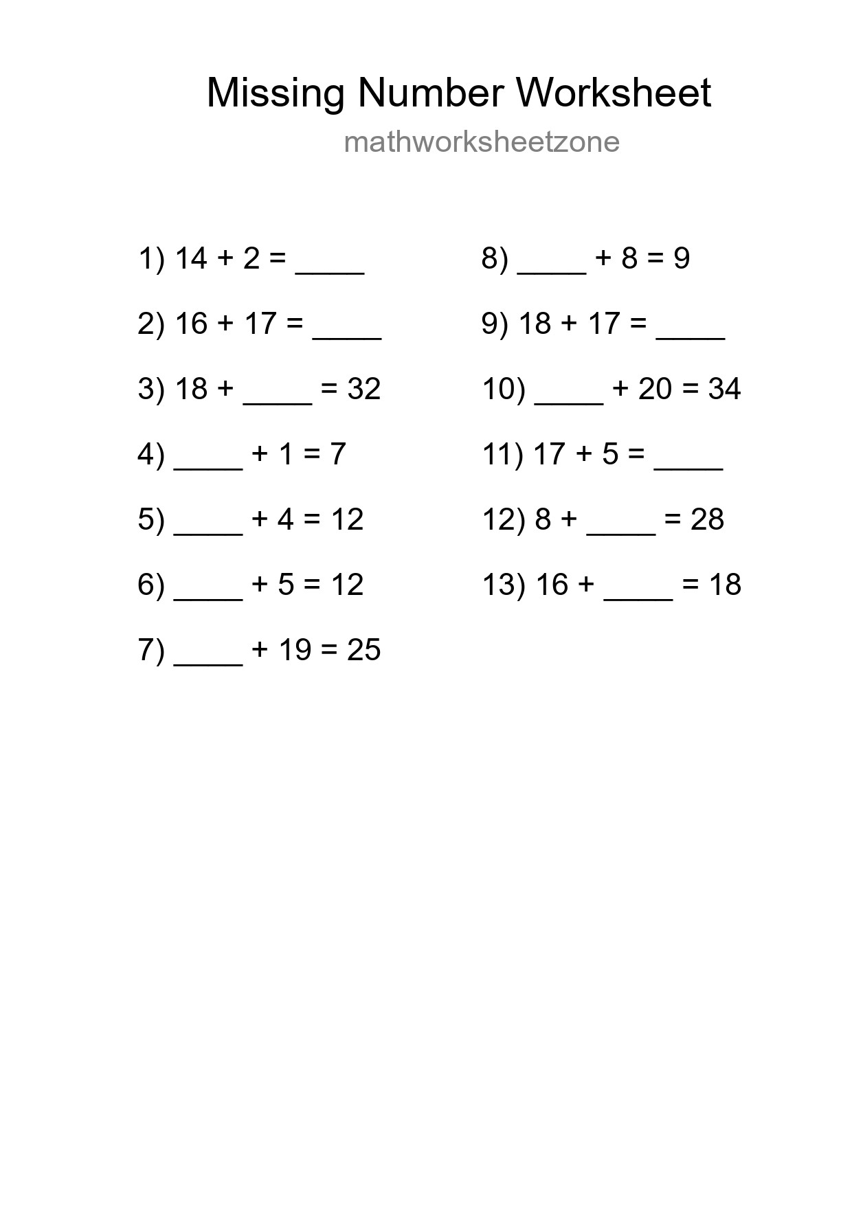Missing Number Math Worksheet