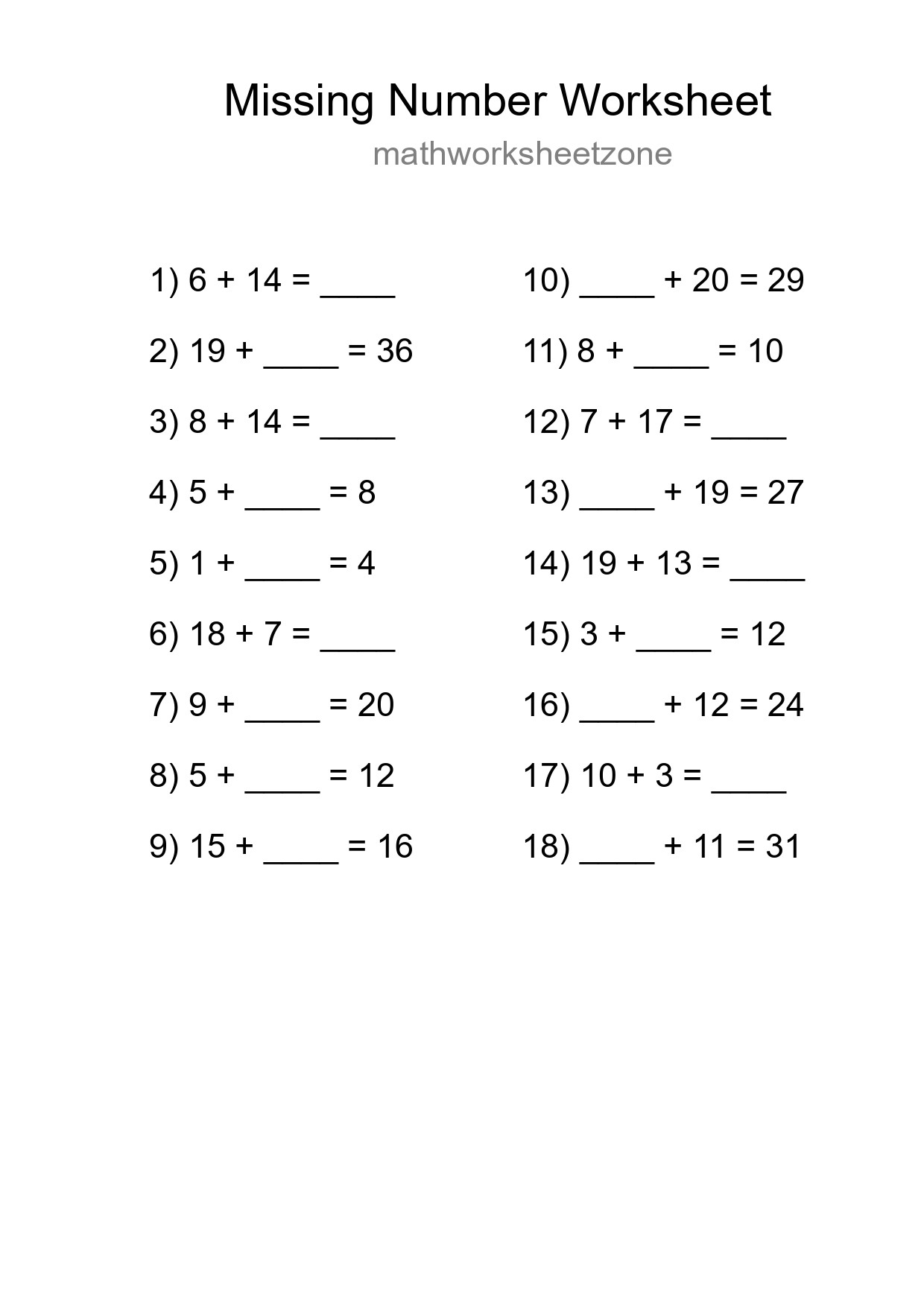 Missing Number Math Worksheet