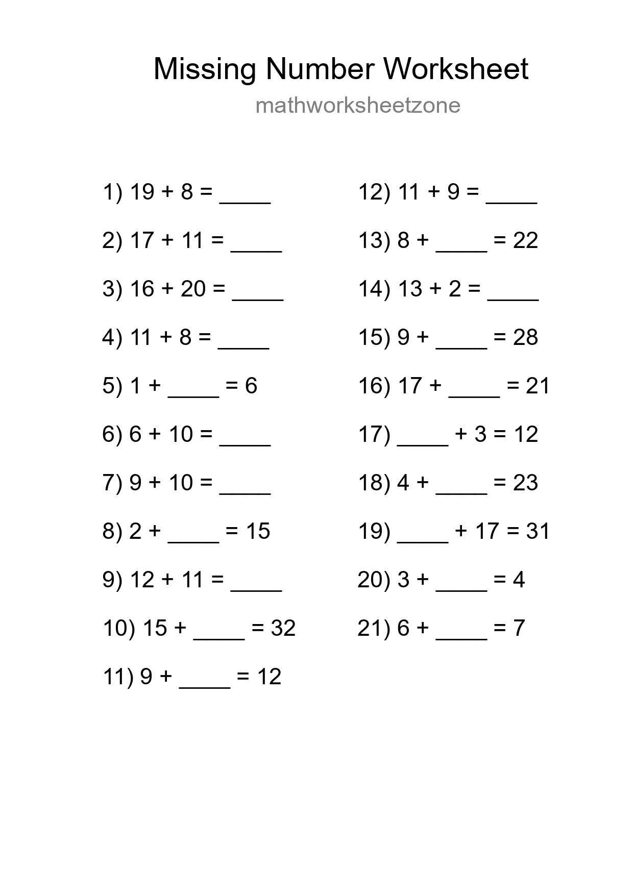 Missing Number Math Worksheet