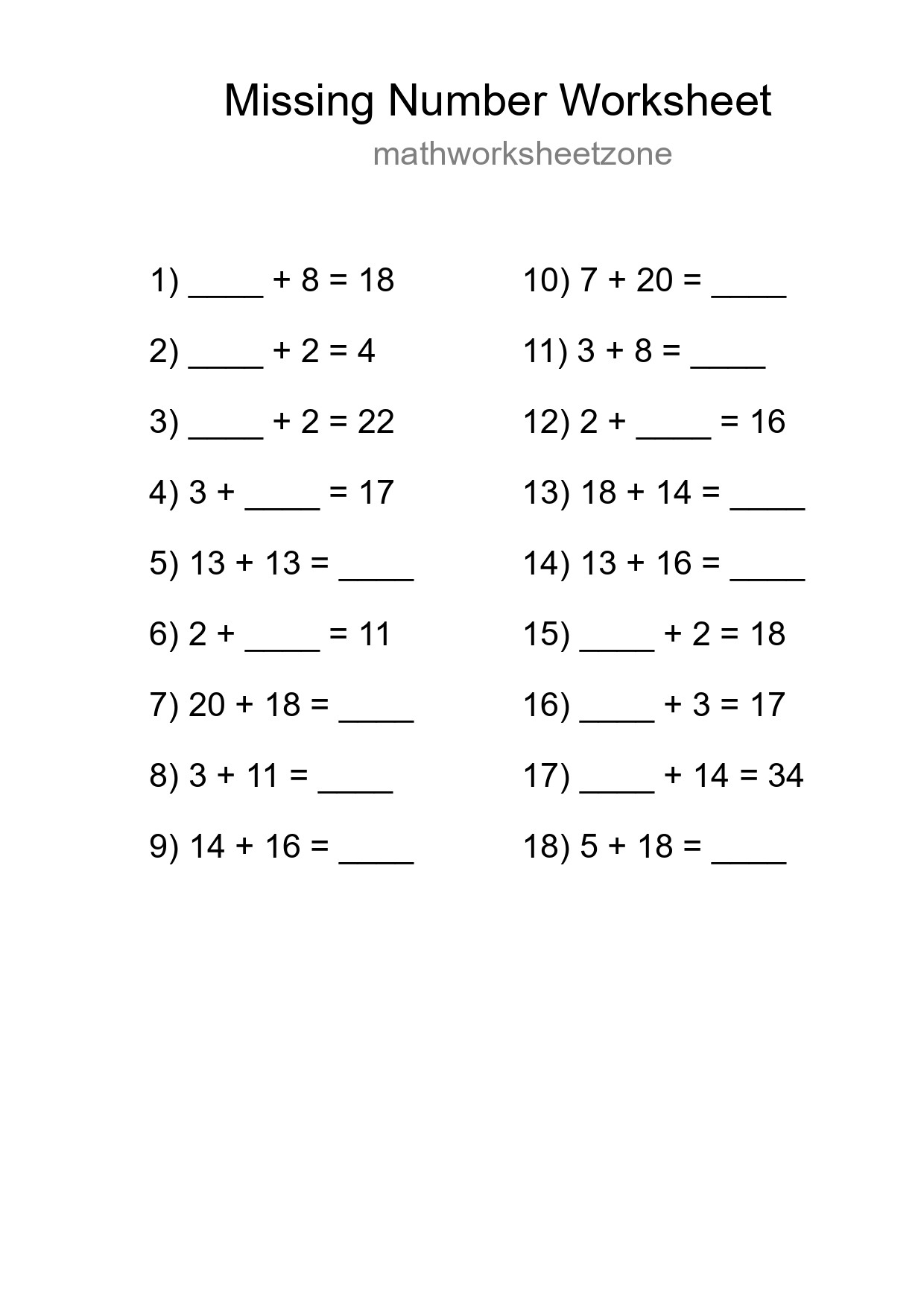 Missing Number Math Worksheet