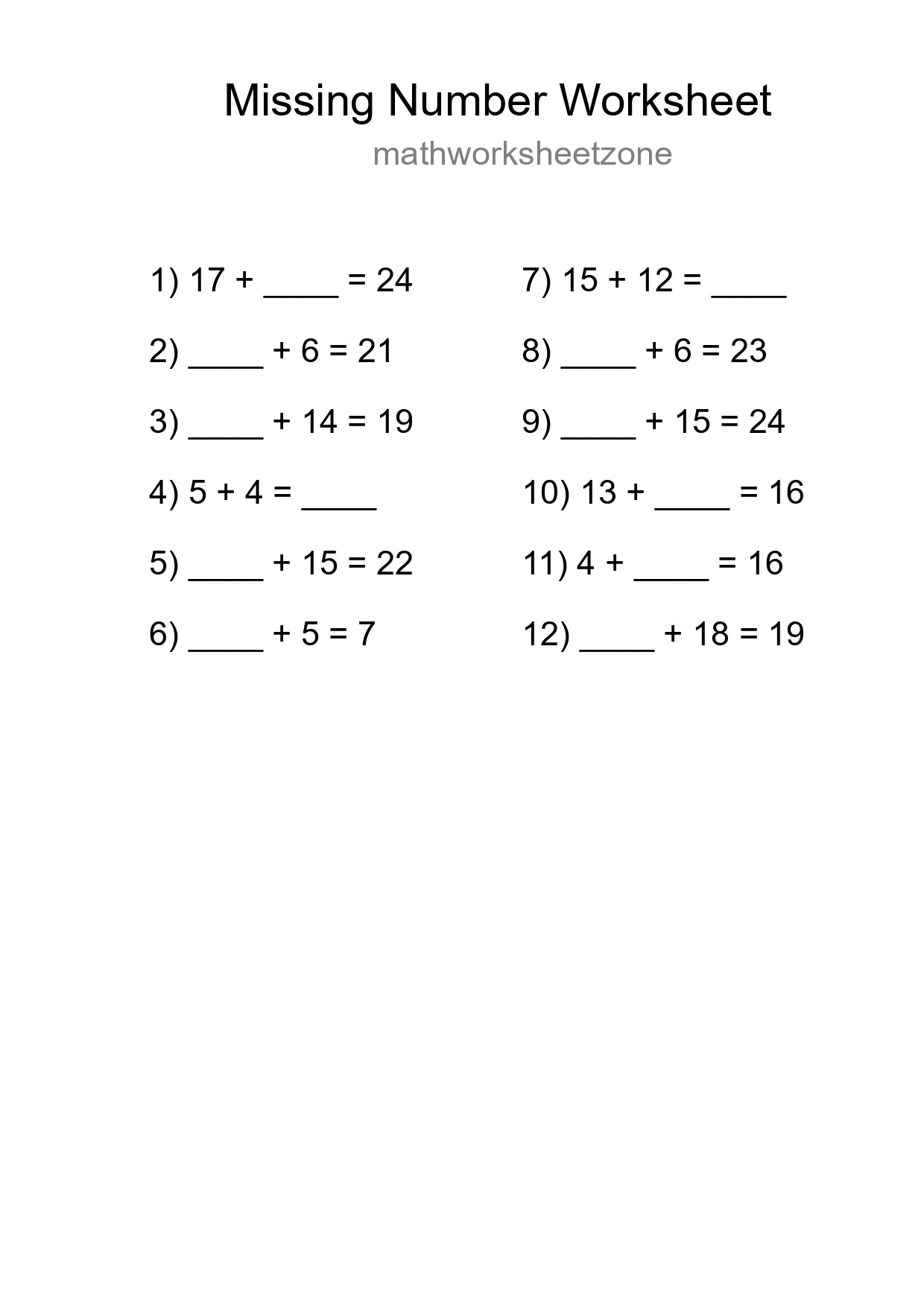 Missing Number Math Worksheet