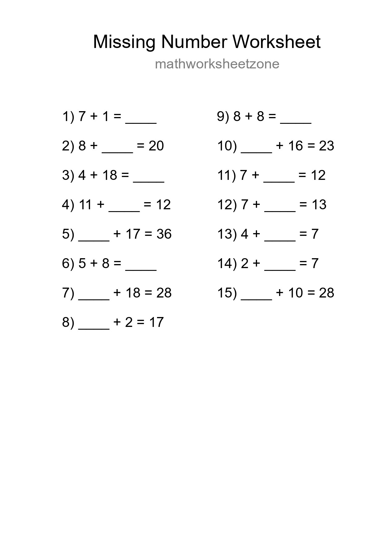 Missing Number Math Worksheet