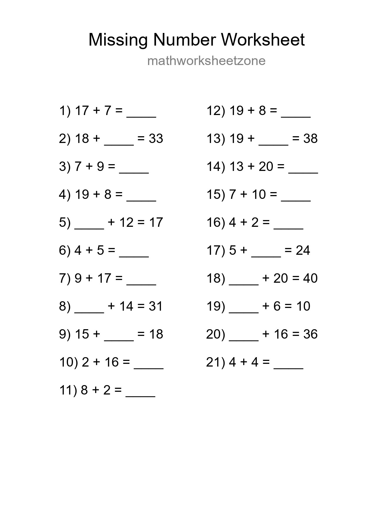 Missing Number Math Worksheet