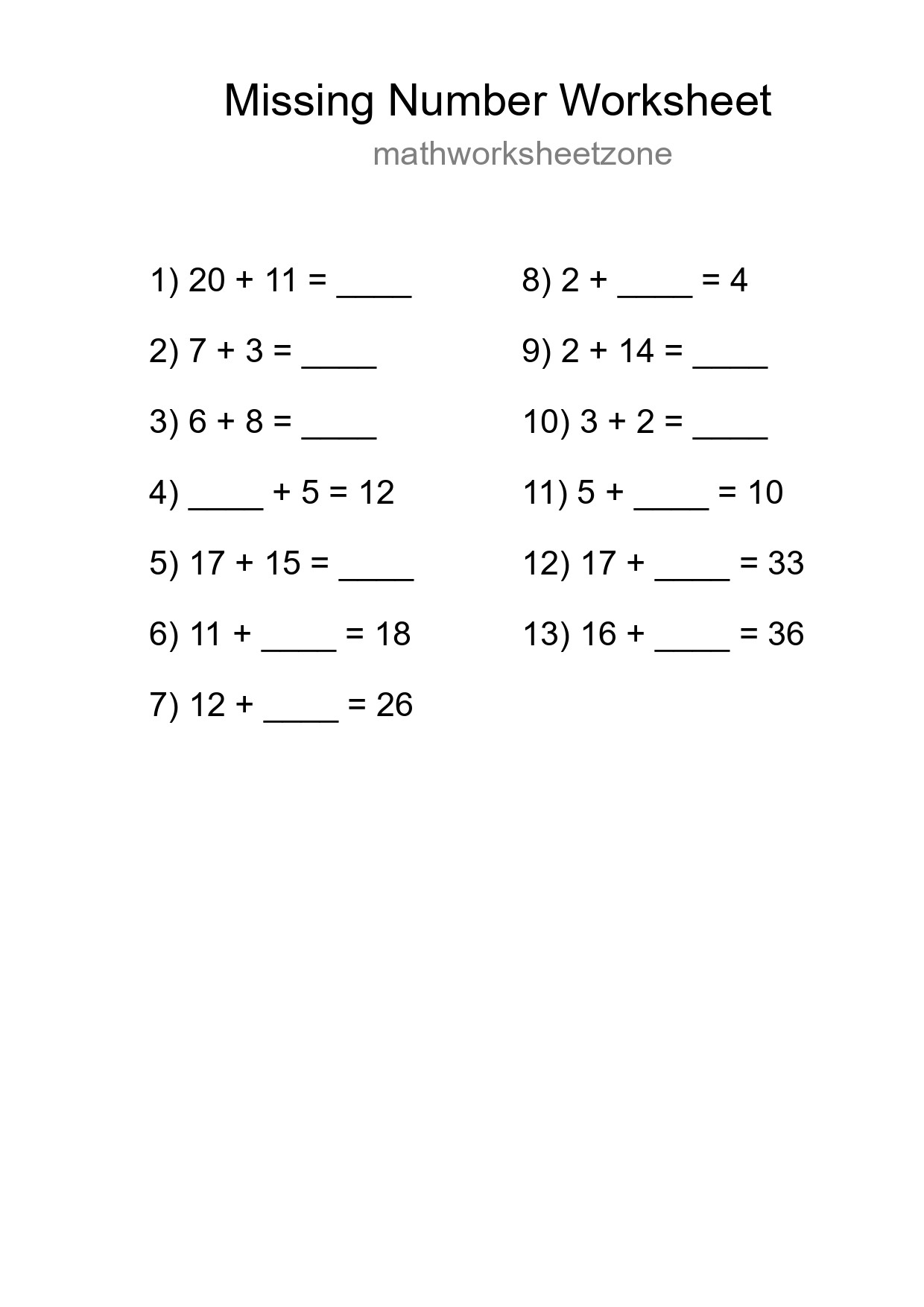 Missing Number Math Worksheet
