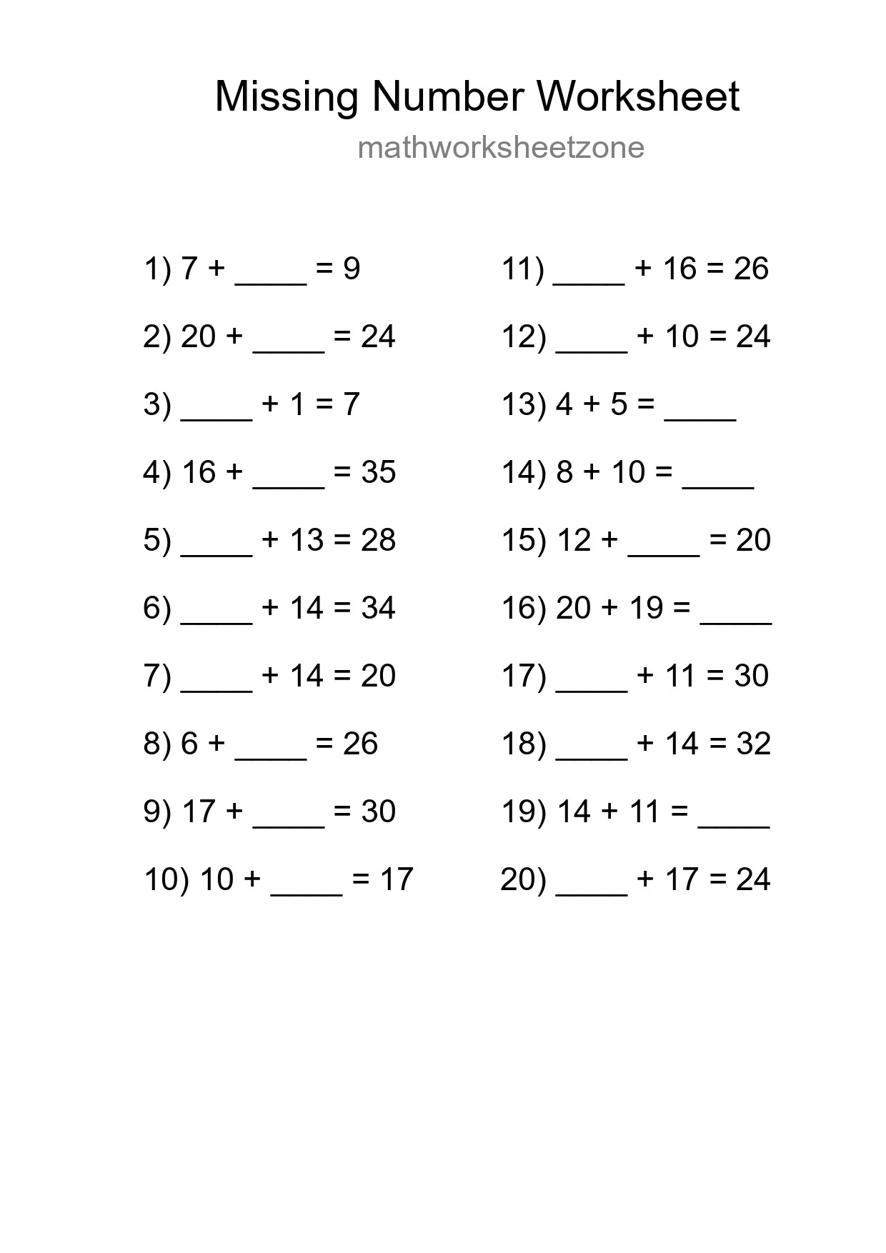 Missing Number Math Worksheet