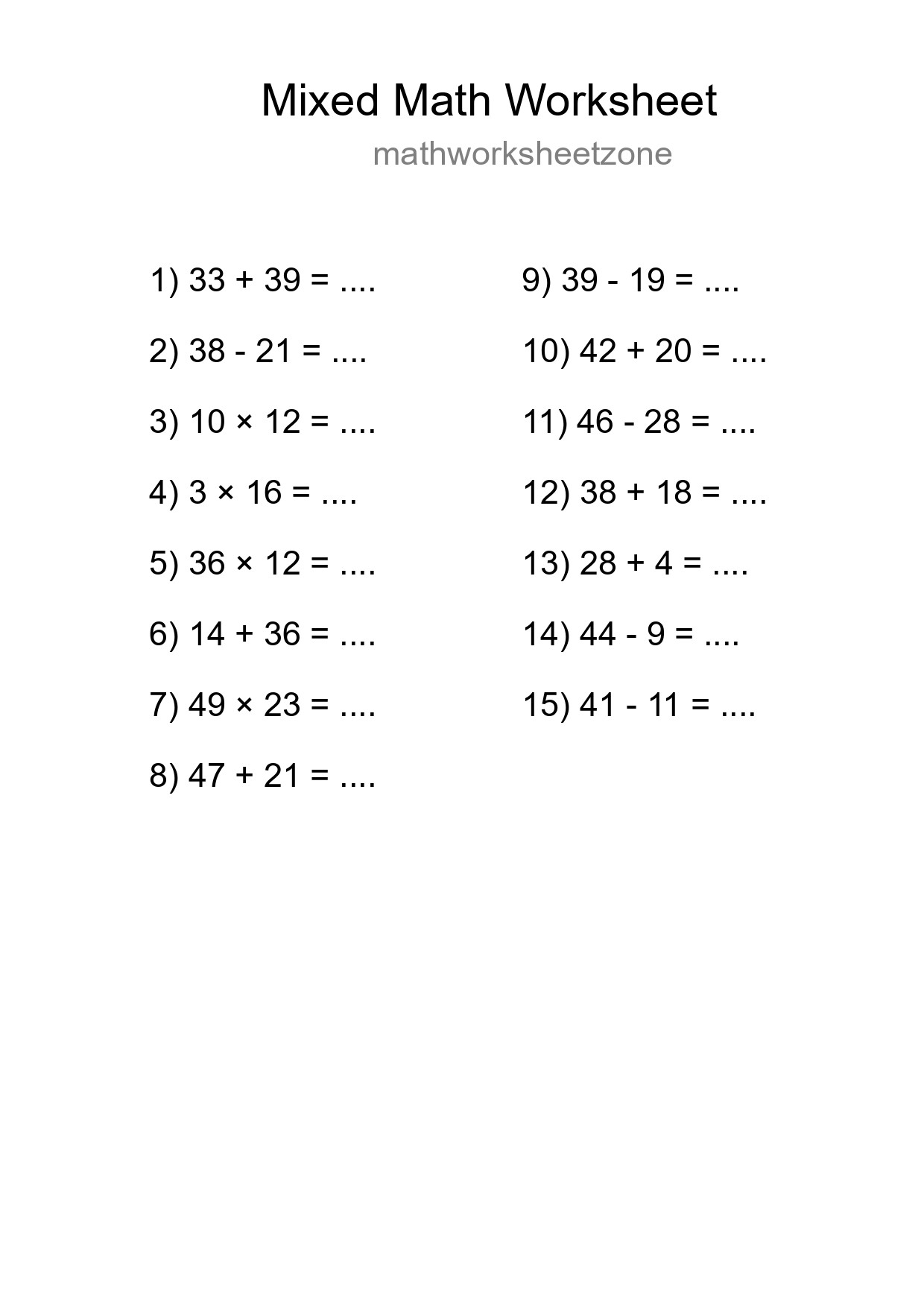 Mixed Operations Math Worksheet