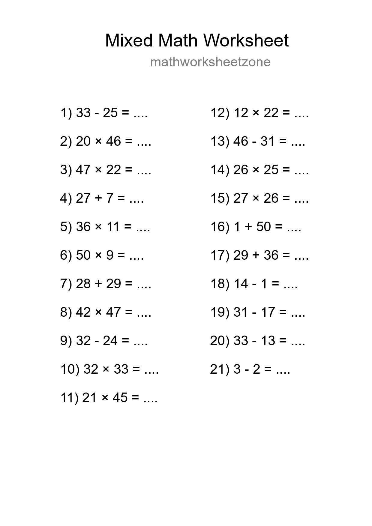 Mixed Operations Math Worksheet