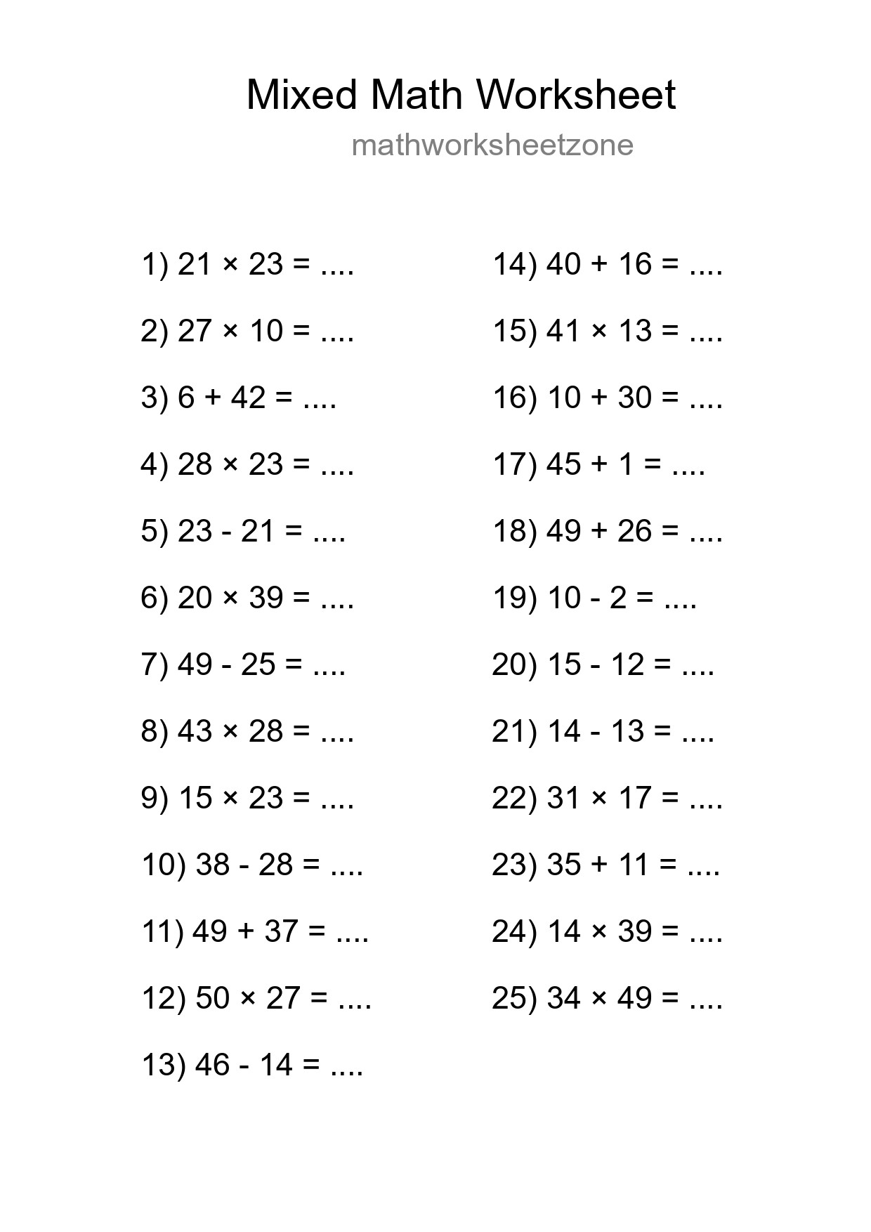 Mixed Operations Math Worksheet