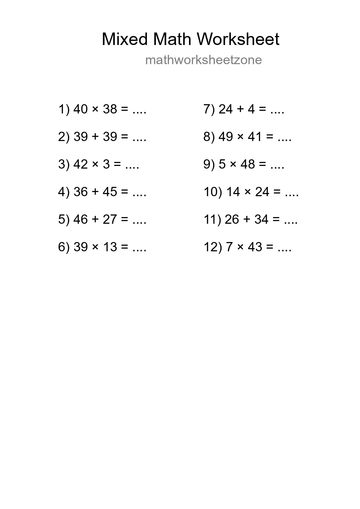 Mixed Operations Math Worksheet