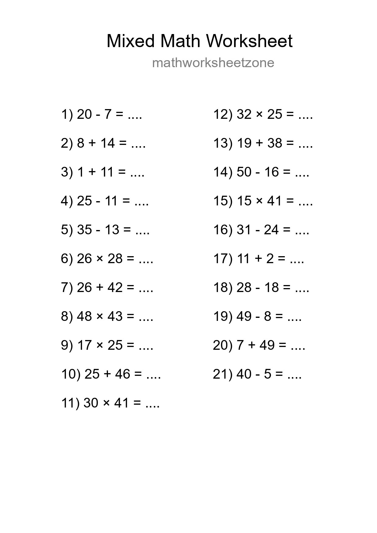 Mixed Operations Math Worksheet