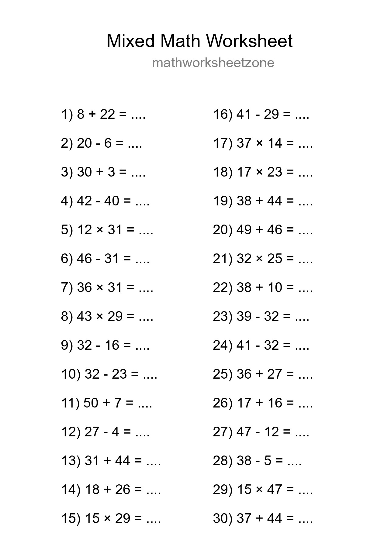 Mixed Operations Math Worksheet