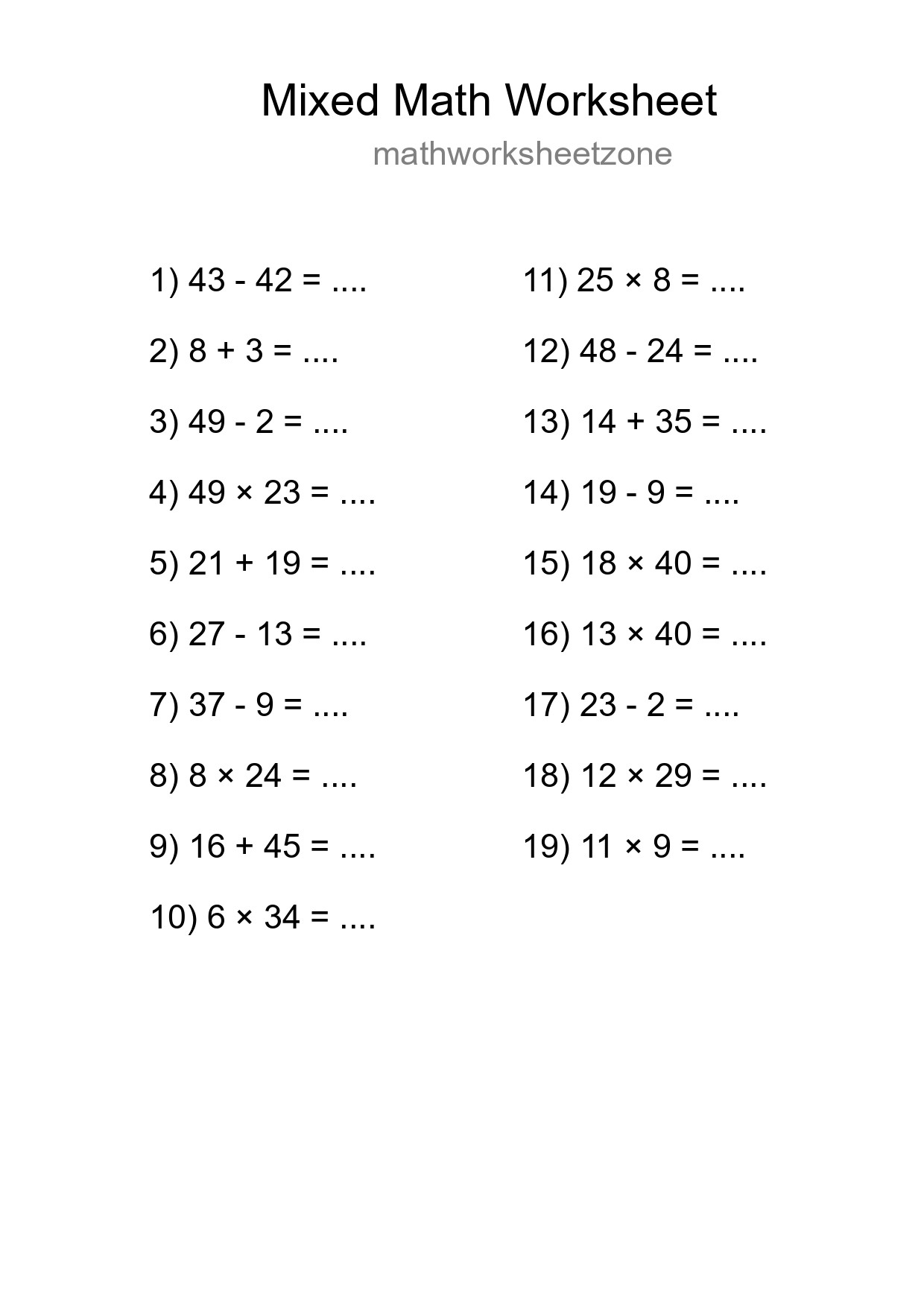 Mixed Operations Math Worksheet