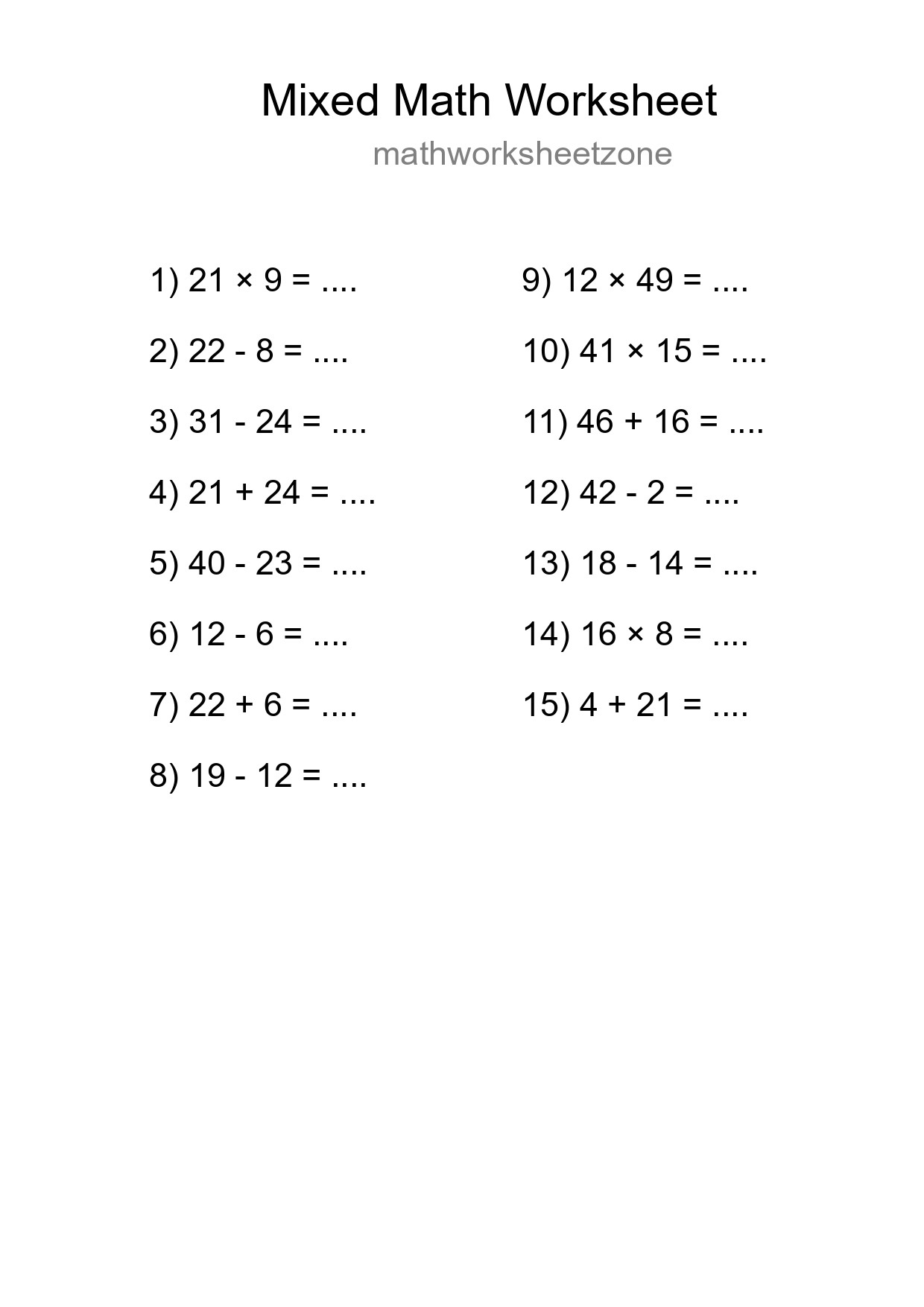 Mixed Operations Math Worksheet