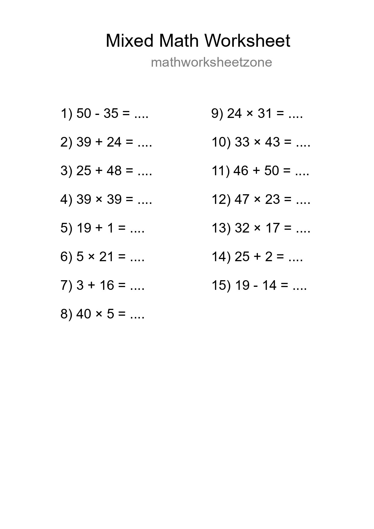 Mixed Operations Math Worksheet