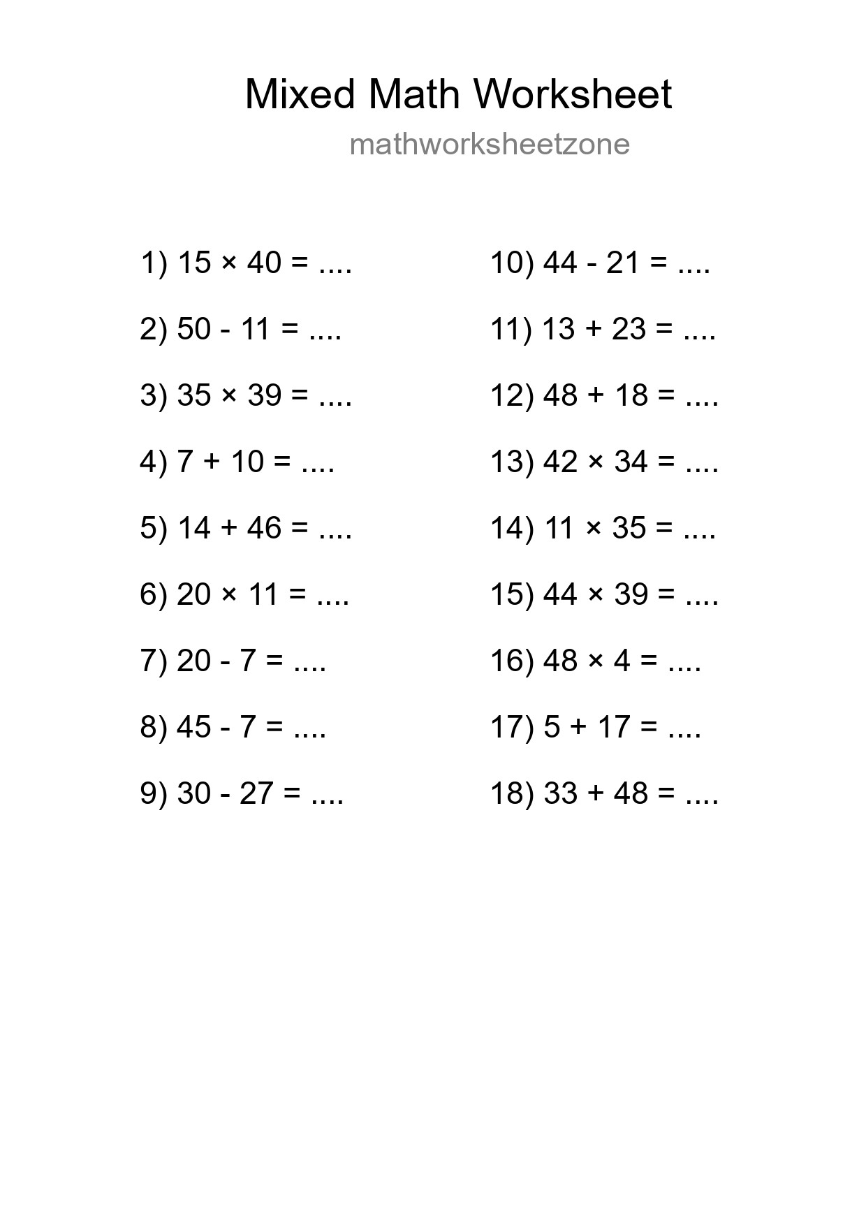 Mixed Operations Math Worksheet