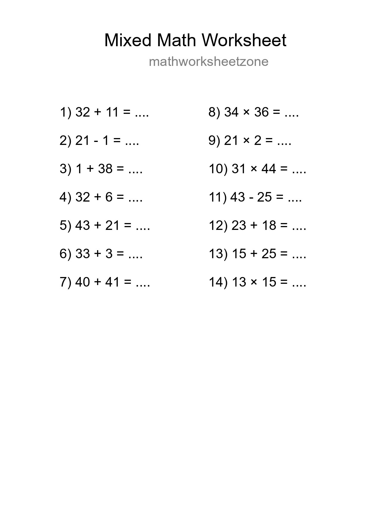 Mixed Operations Math Worksheet