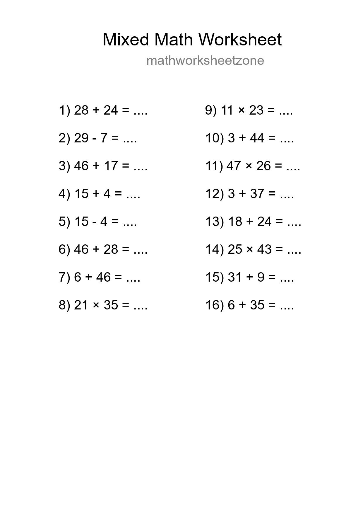 Mixed Operations Math Worksheet