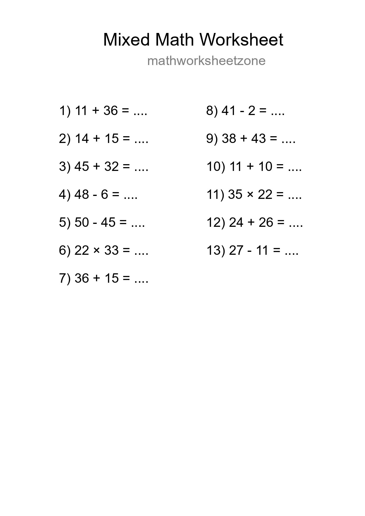Mixed Operations Math Worksheet
