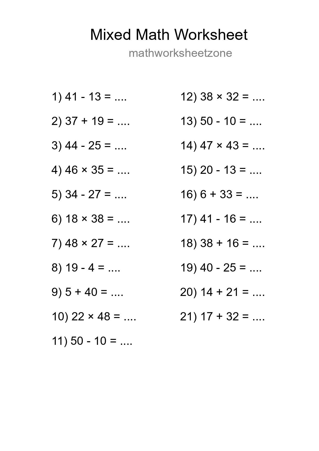 Mixed Operations Math Worksheet