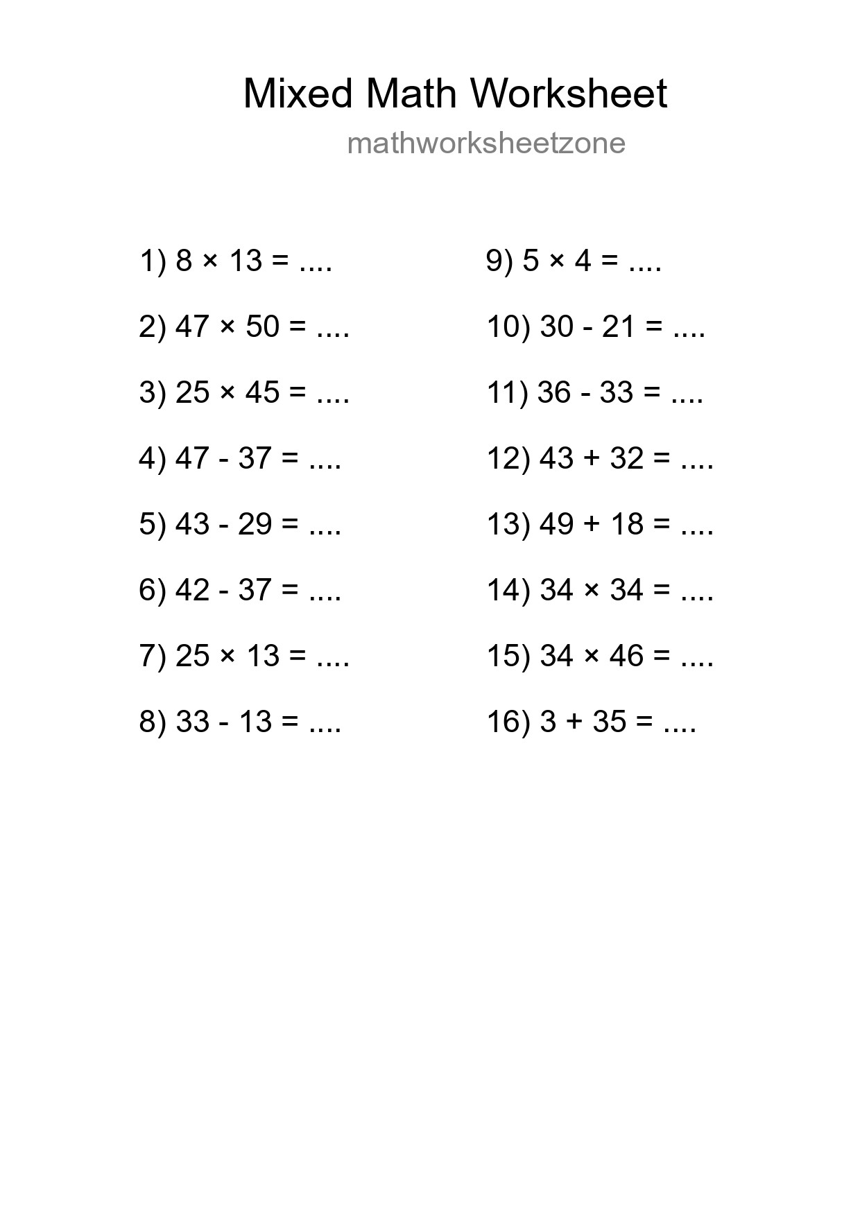 Mixed Operations Math Worksheet