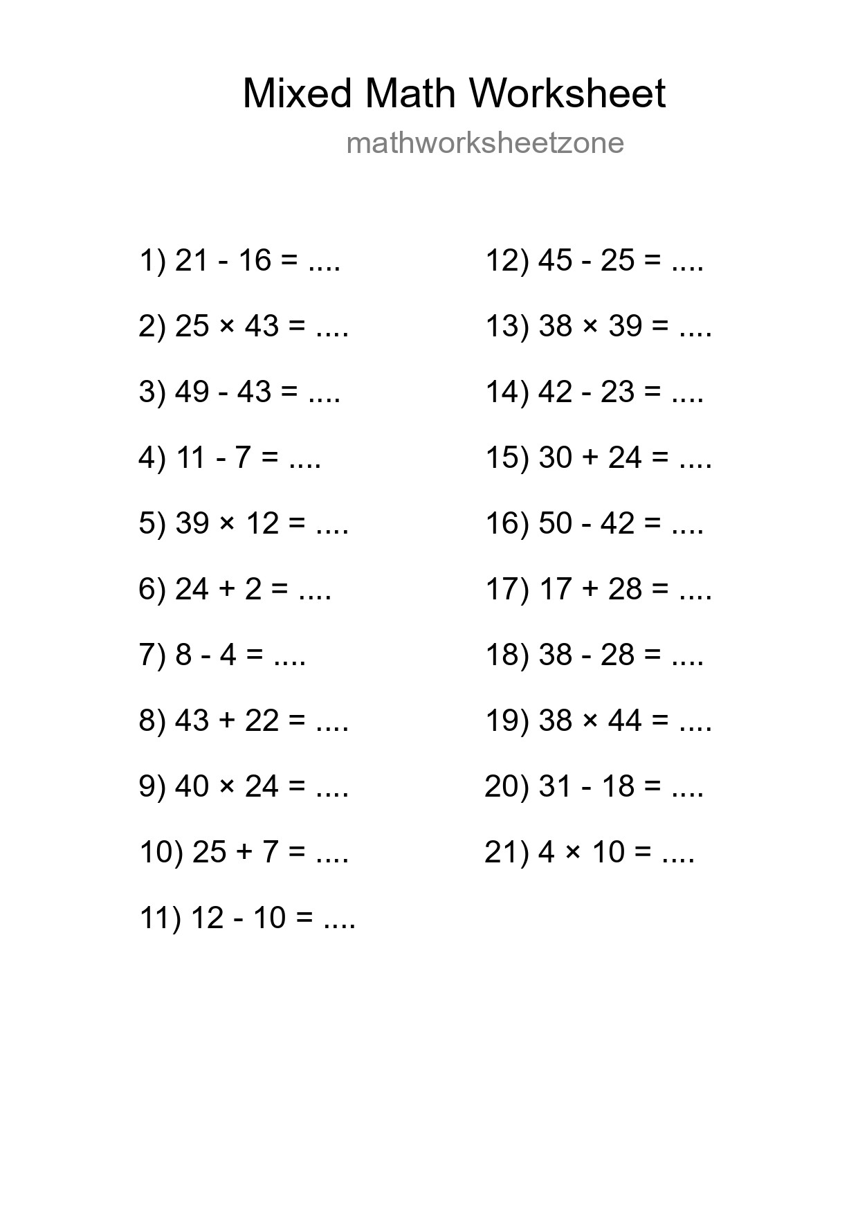 Mixed Operations Math Worksheet