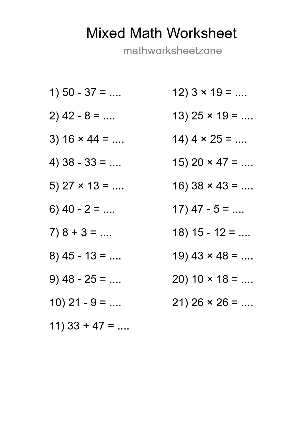 Mixed Operations Math Worksheet