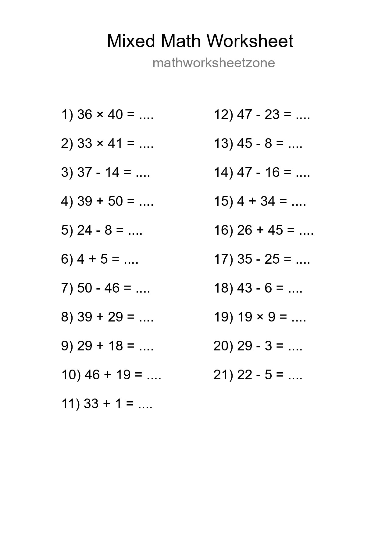 Mixed Operations Math Worksheet