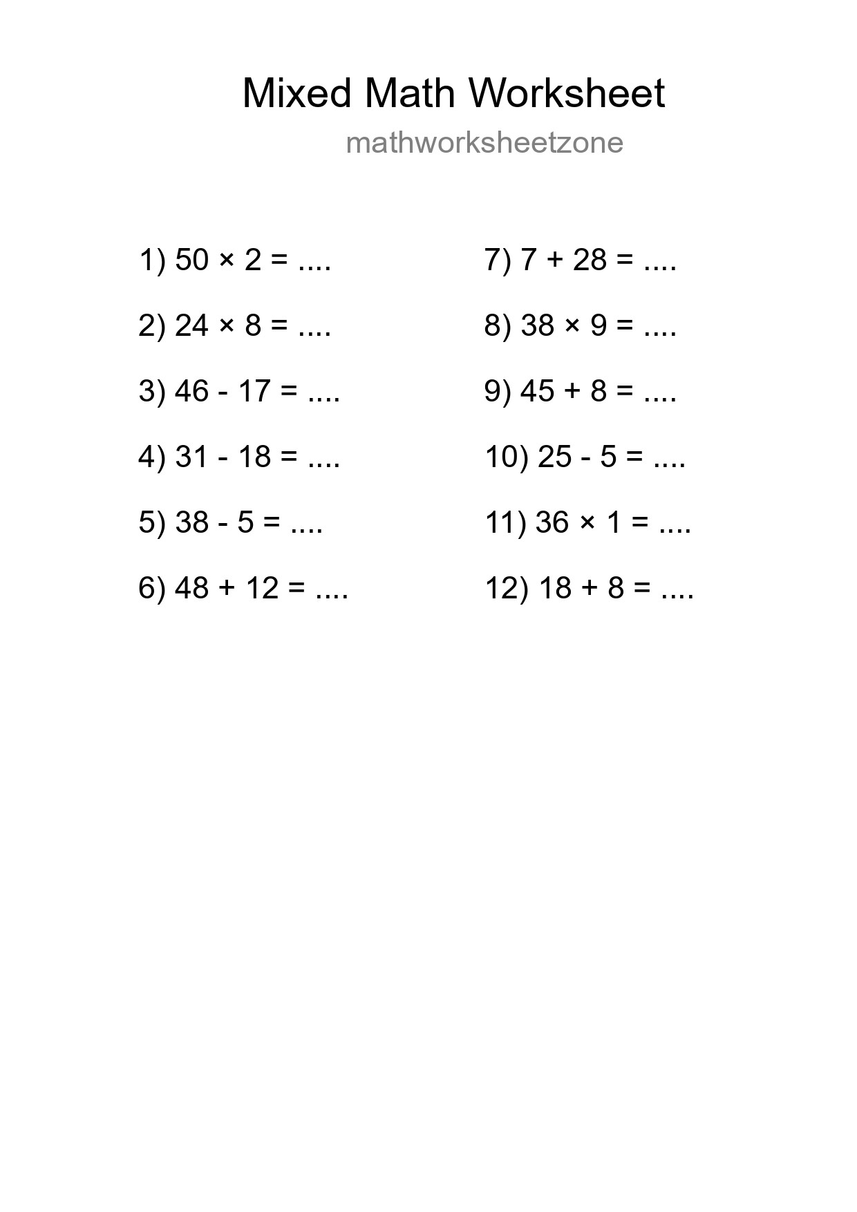 Mixed Operations Math Worksheet