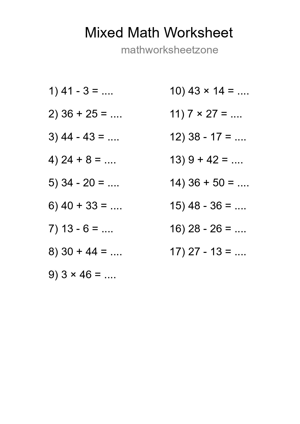 Mixed Operations Math Worksheet