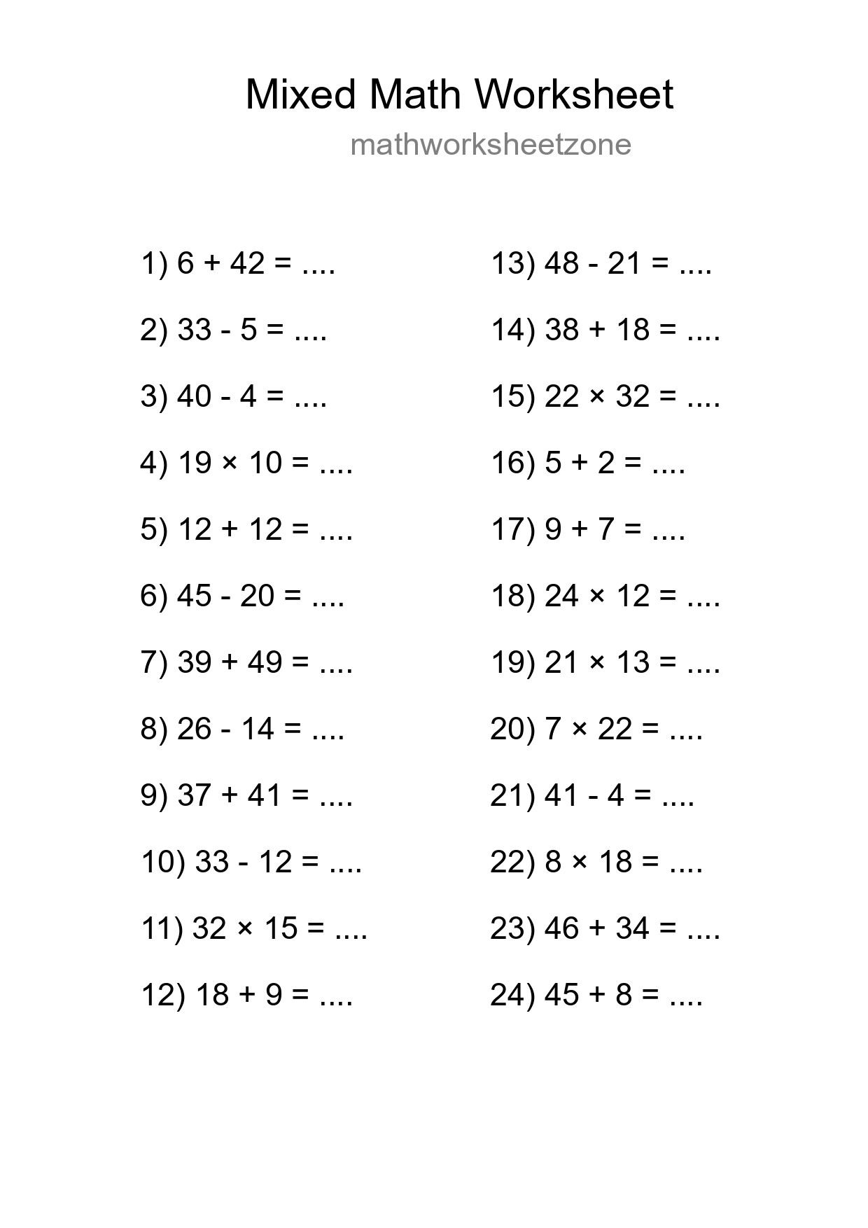 Mixed Operations Math Worksheet