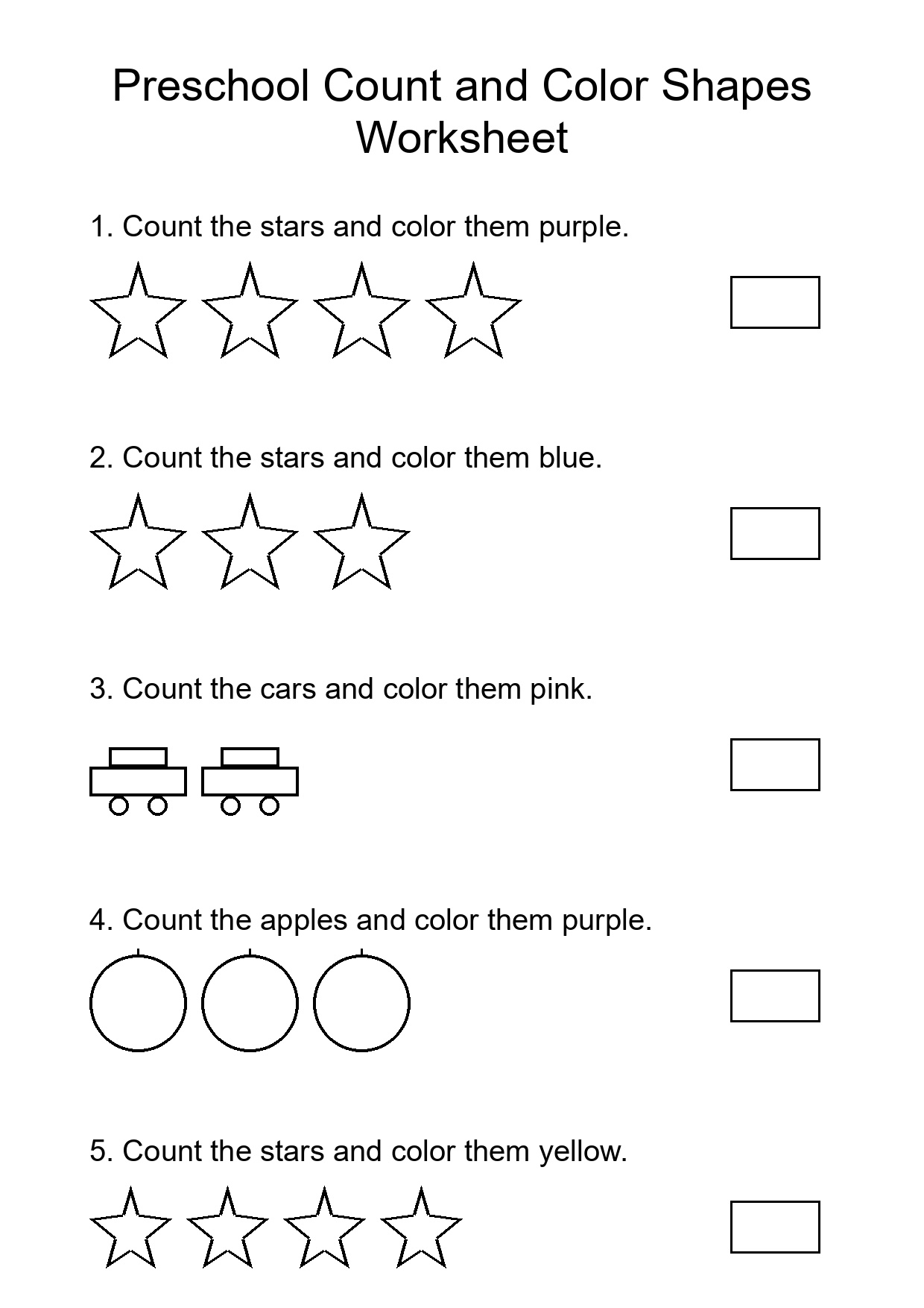 Preschool Count and Color Shapes Worksheet