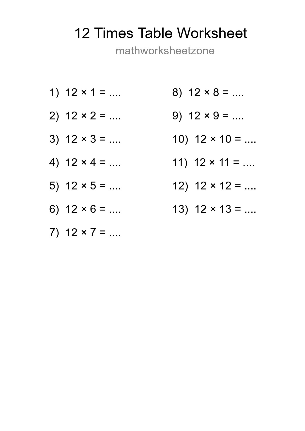 Printable 12 Times Table Worksheet For Grade 4 - Part 209