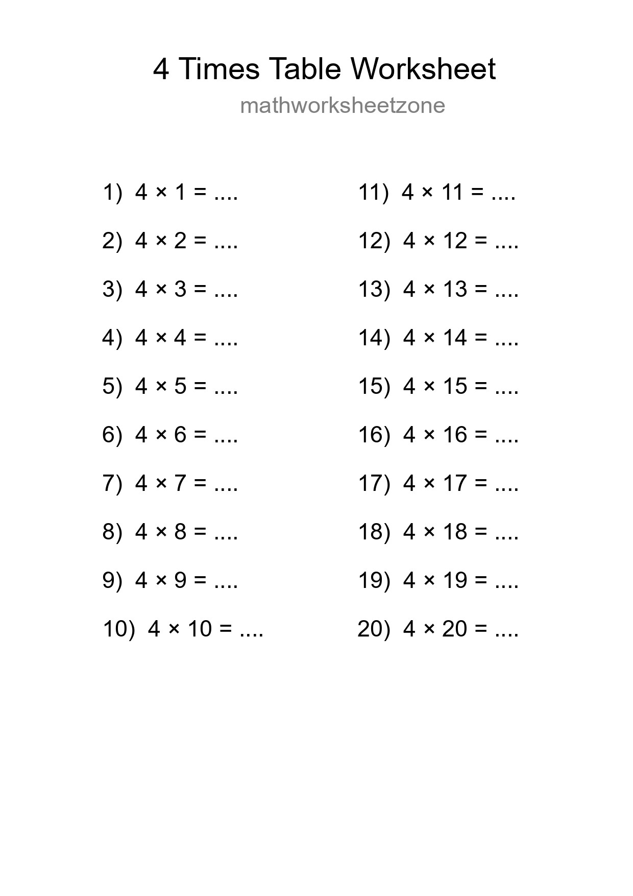 Printable 4 Times Table Worksheet For Grade 2 - Part 149