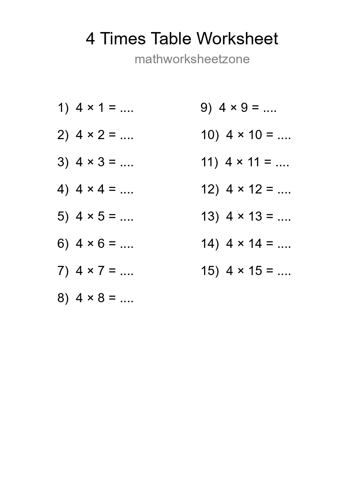 Printable 4 Times Table Worksheet For Grade 2 - Part 279