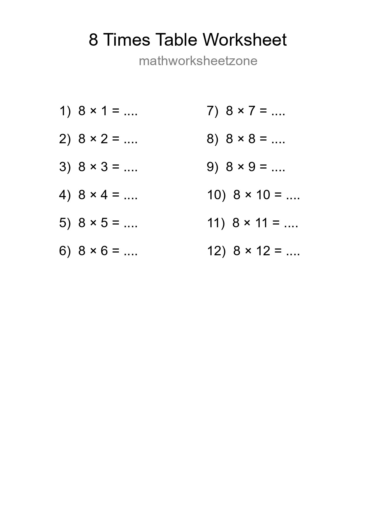 Printable 8 Times Table Worksheet For Grade 3 - Part 49