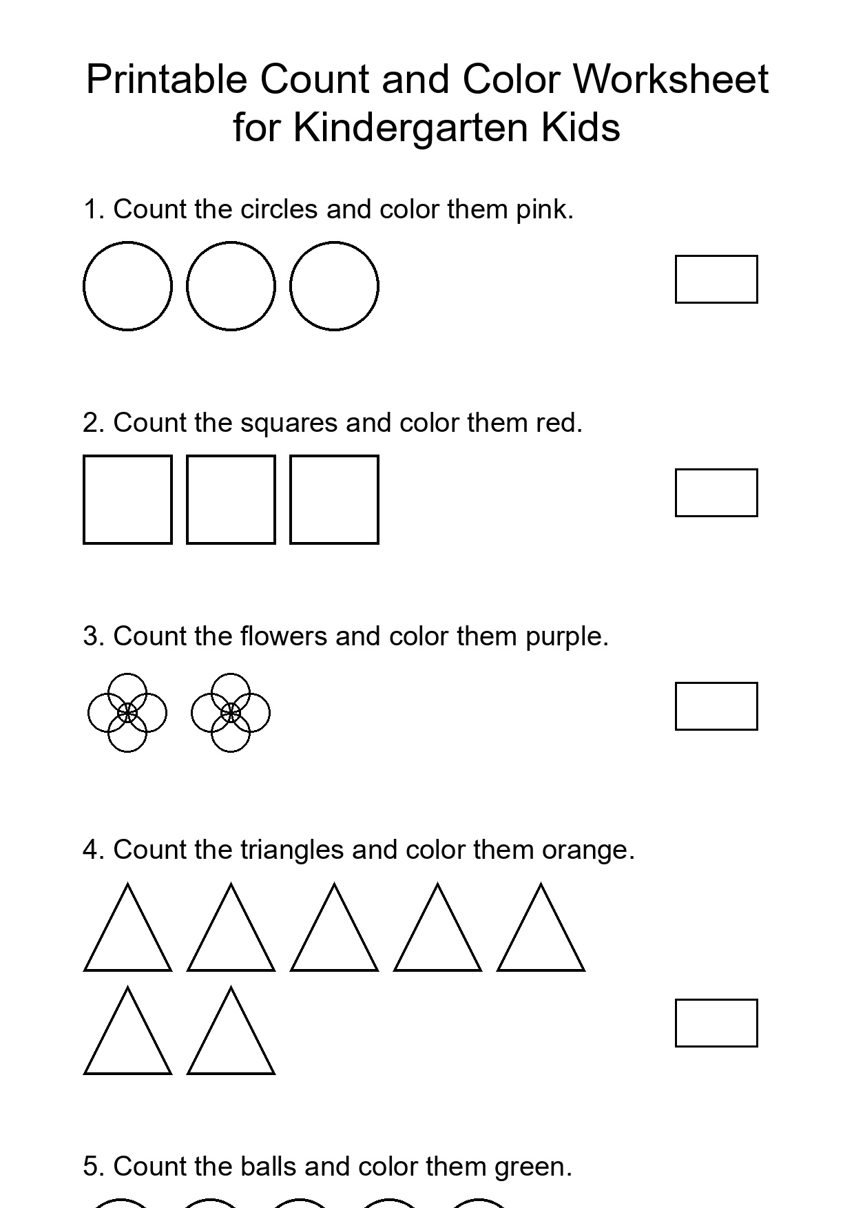 Printable Count and Color Worksheet for Kindergarten Kids
